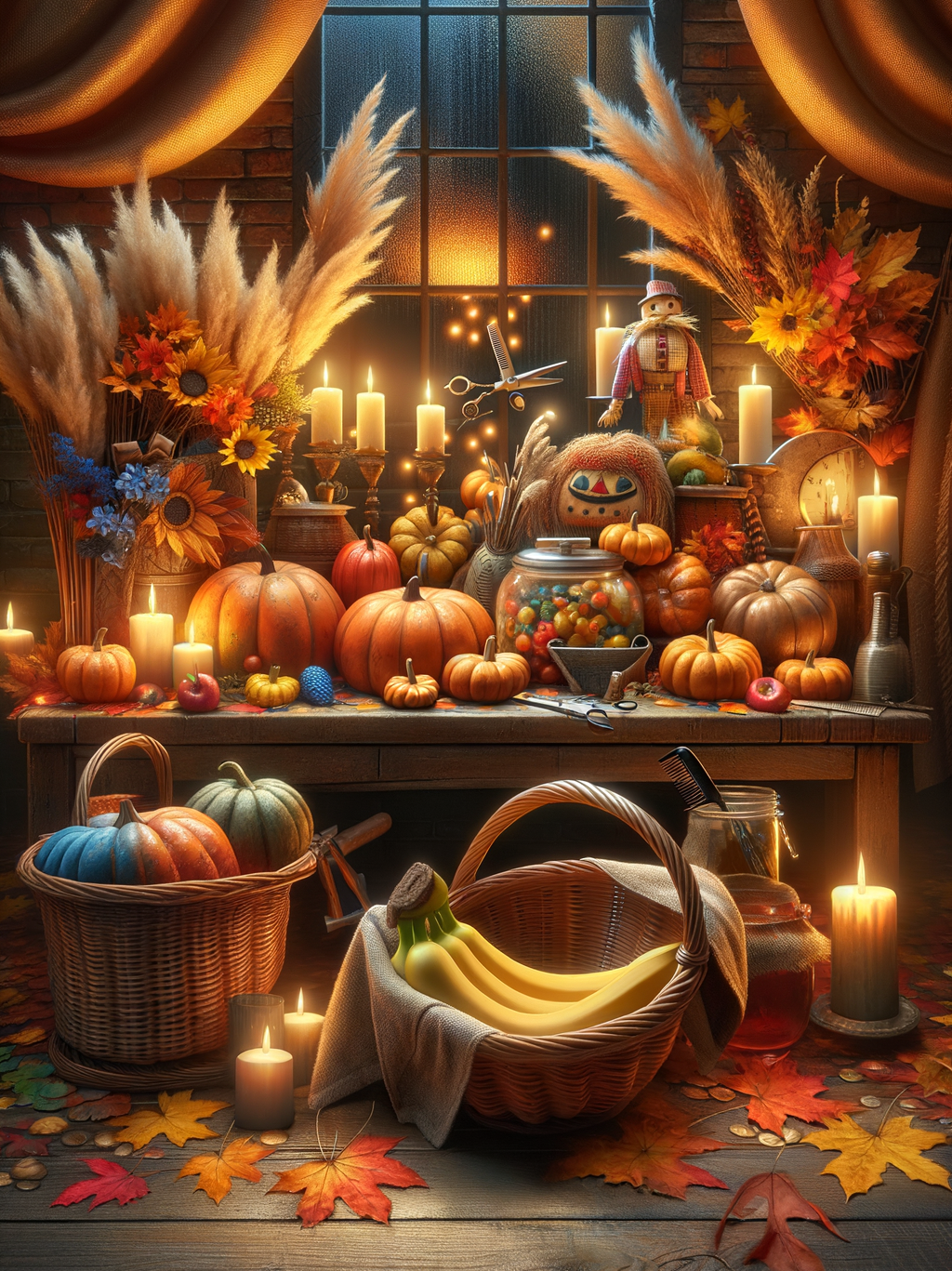 Table d’automne joue l’alphabétisation des couleurs, courges en défilé de mode, citrouilles coquettes, tournesols souriants et épouvantail photogénique dans un théâtre de feuilles.