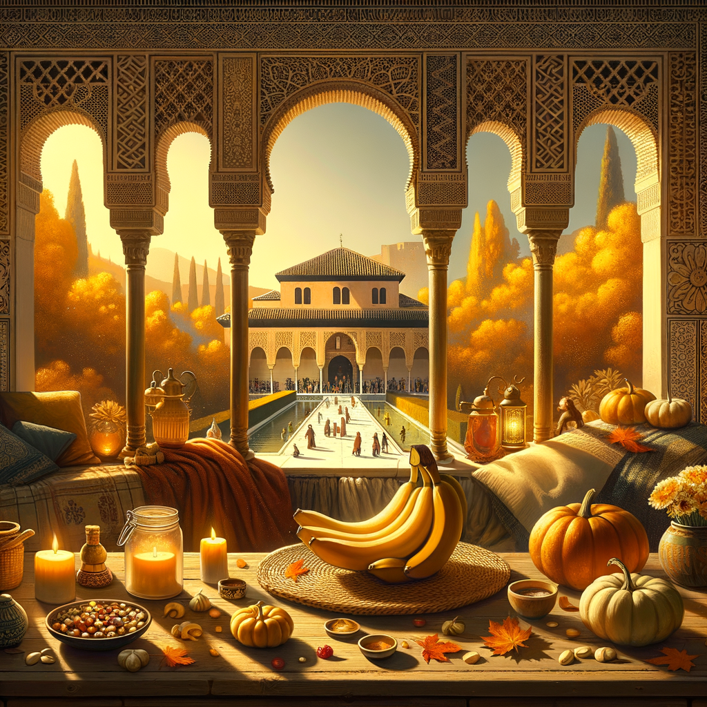 Un festin automnal andalou émerge sous un voile de soleil déclinant, flirtant avec des courbes architecturales et des feuilles d’or éternisées.