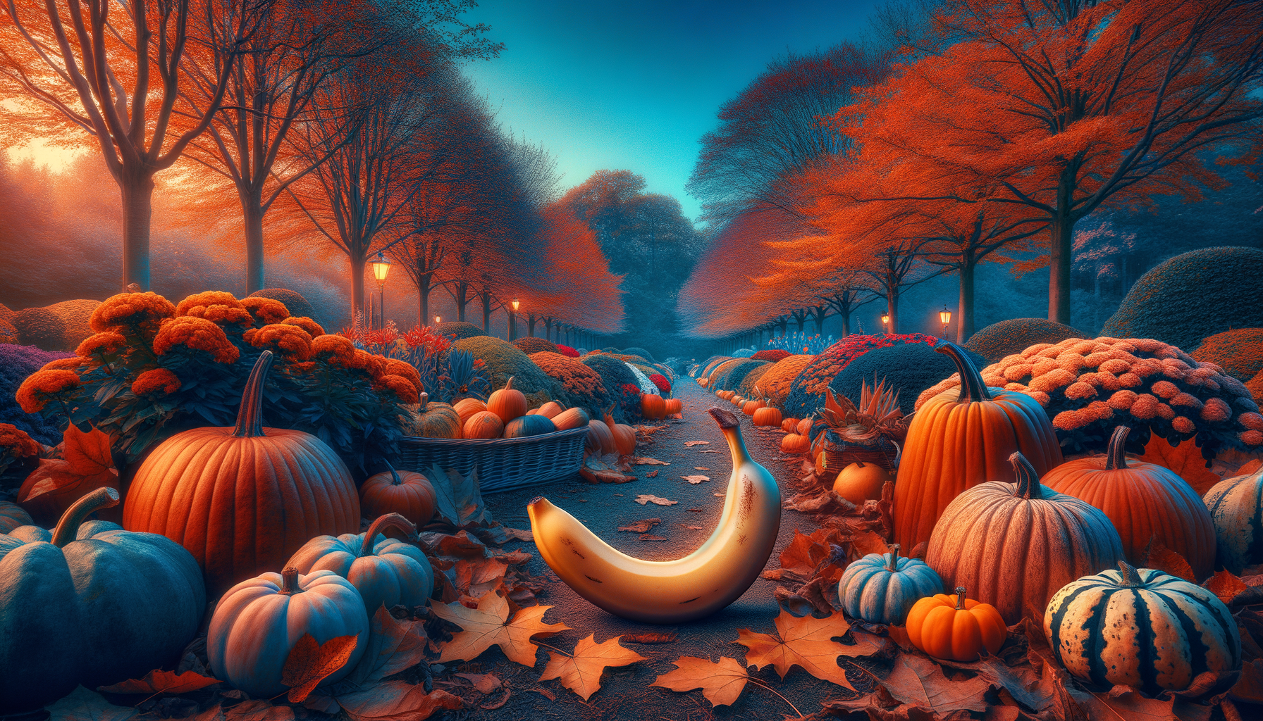 Un tapis de feuilles mortes sillonne un parc, égayé par des citrouilles coquines et une banane décalée, flirtant avec les dernières lueurs du jour.