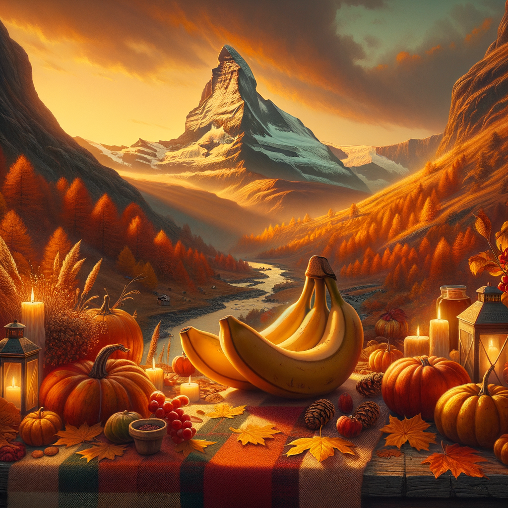 Un festin automnal où les bananes et les courges flirtent sur tartan, les montagnes en spectatrices, bercées par l’éclat candide des lanternes en soirée.