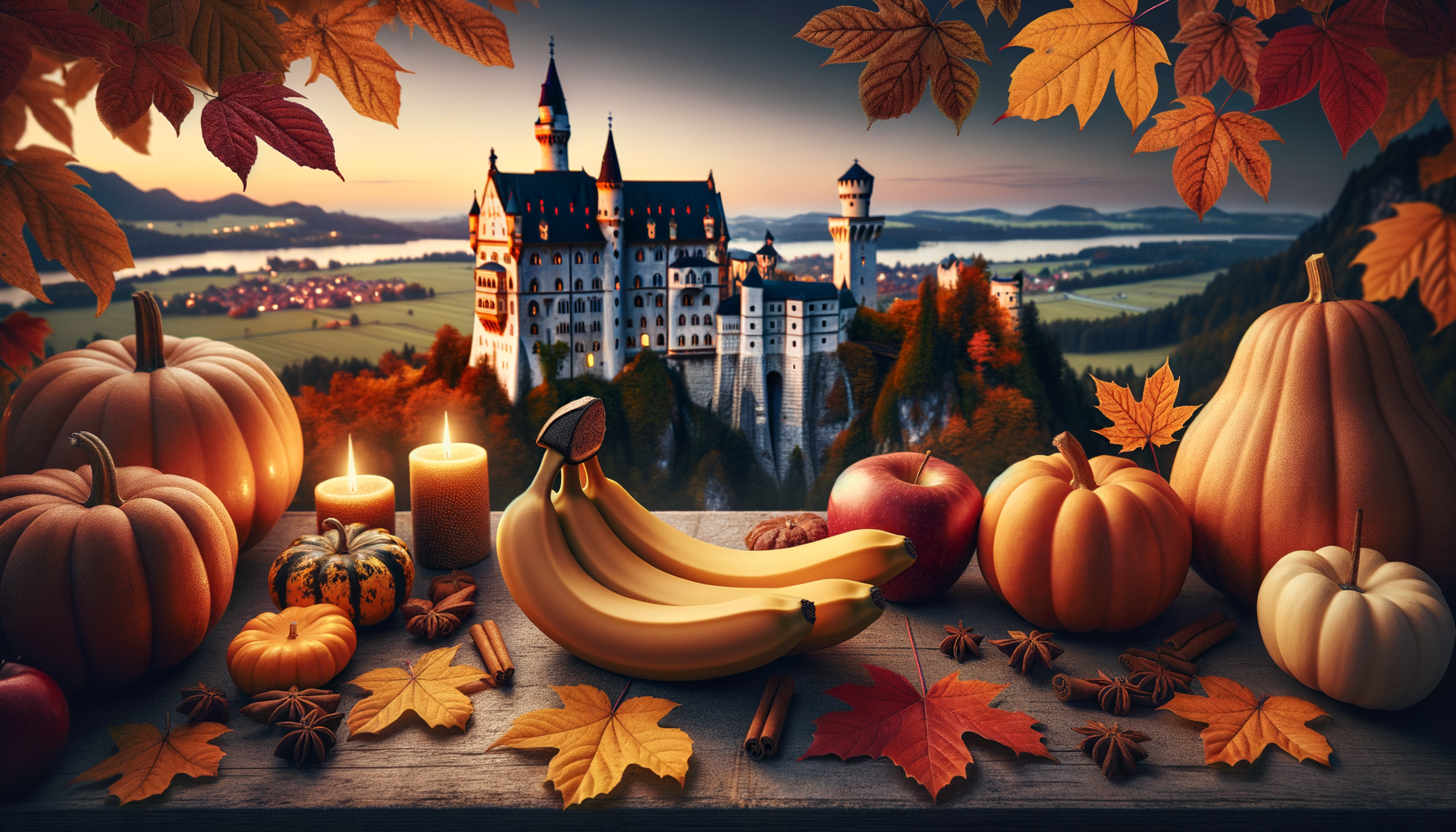Un banquet d’automne s’offre en spectacle, citrouilles et pommes trônent sur bois rustique, sous un château serti de feuilles d’érable embrasées, à l’ombre d’un crépuscule doré.
