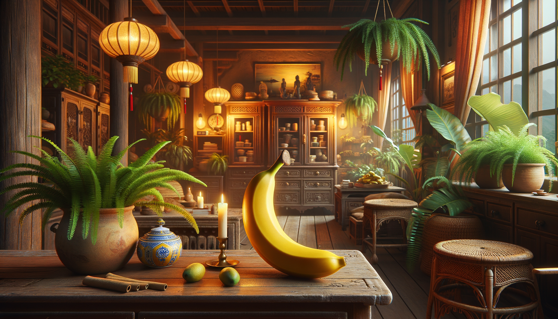 Un salon asiatique, où la banane, en conversation avec les citrons, décore une table en bois, tandis que les pots coquettent en se baignant dans la lumière des lanternes.