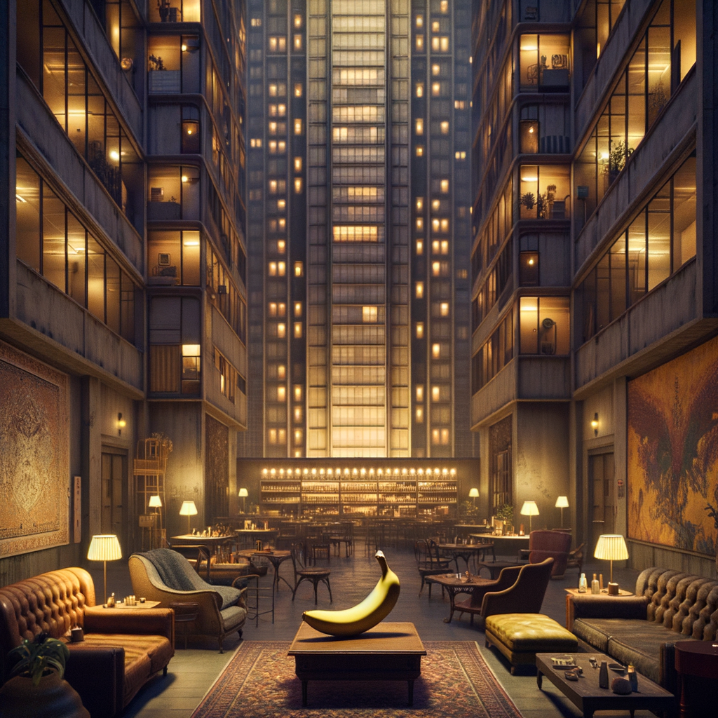 Cuir décontracté et bananier insolite orchestrent un ballet industriel entre bar chargé, lumière moelleuse et scintillement urbain.