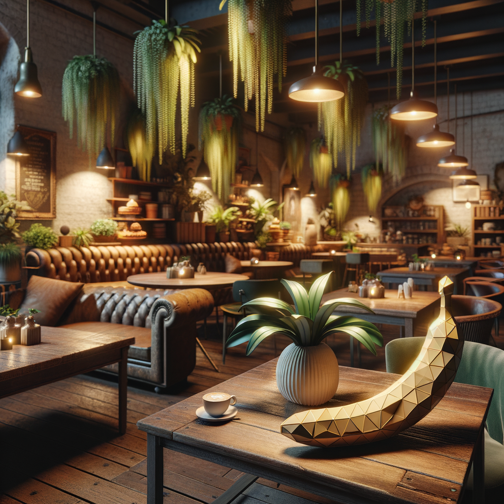 Bienvenue dans le salon de café où les canapés en cuir flirtent avec des plantes aériennes, faisant de l’ombre à une banane géométrique sous l’aura d’une lumière tamisée.