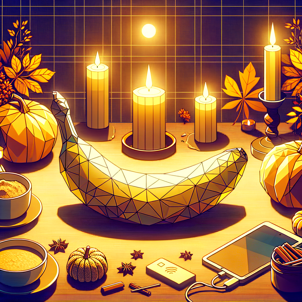 Dans une atmosphère automnale, une banane jaune polygonale, superstar, captive l’assemblée à la lueur des bougies et parmi le décor de festin d’Halloween, pendant qu’un petit gadget recharge.