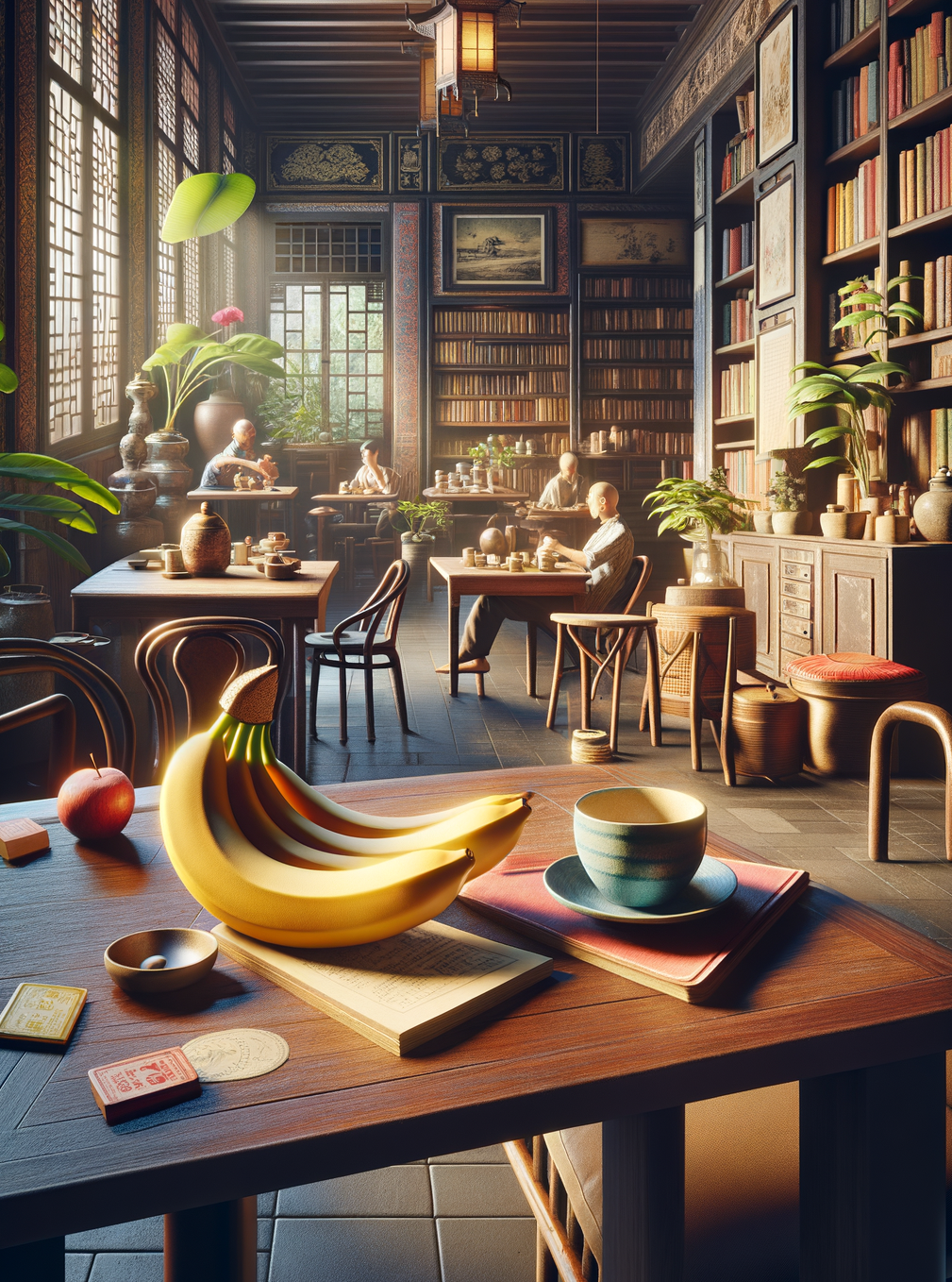 Un salon littéraire baigné de lumière diffuse, où des fruits cohabitent avec des écrits, inspirent des âmes détendues en quête de pittoresque intellectualisme.