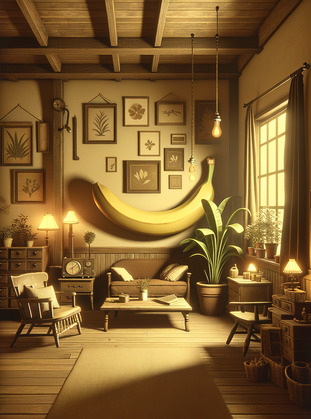 Entre poutres rustiques et murs mousseux, une banane audacieuse réside. Entre les plantes suspendues, les meubles câlins et un soupçon de lumière naturelle, le confort se moque du conventionnel.