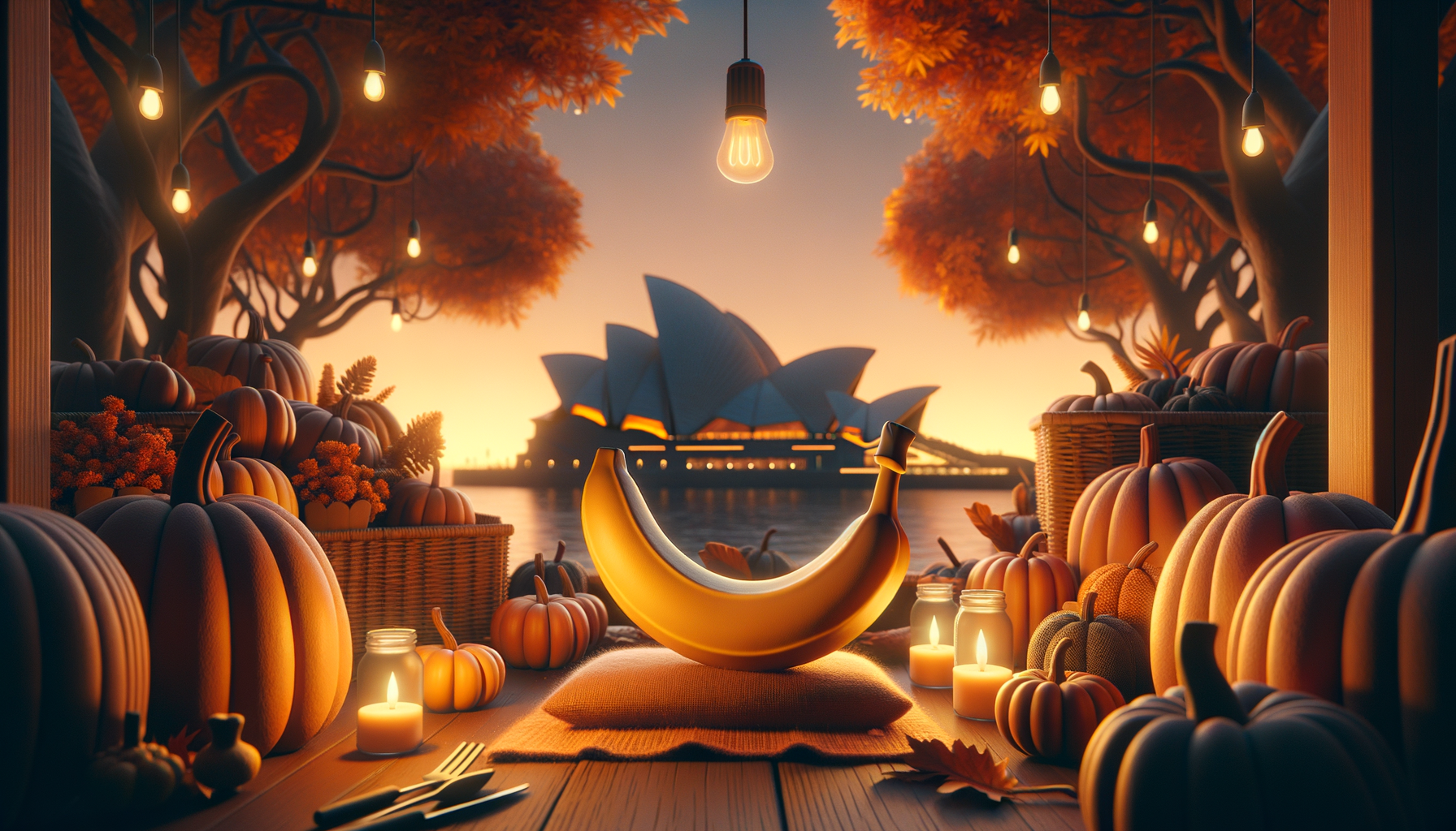 Citrouilles compagnons de soirée, baignées de lumière, s’acoquinent avec une banane artiste devant l’Opéra de Sydney en automne, sous un ciel crépusculaire rieur.