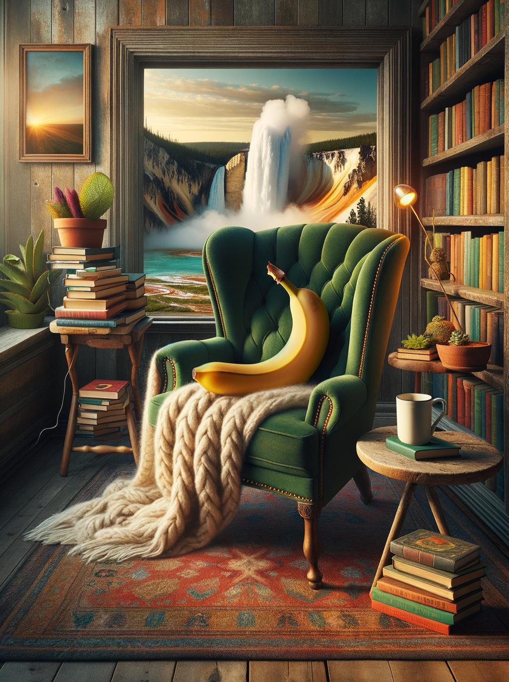 Fauteuil velours roi, banane audacieuse trônant, café literaire et panorama spectaculaire orchestrant symphonie de verdure en un intérieur audace-douceur.