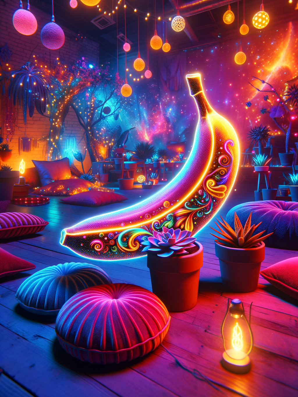 Banane luisante flirtant avec coussins ondoyants, sous un ballet de lumières et un ciel peint, orchestre une symphonie colorée invitant au rêve psychédélique.