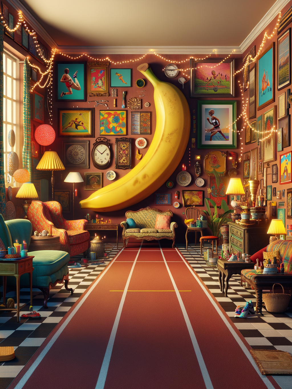 Un joyeux capharnaüm artistique, dominé par une banane murale, danse sur un sol damier où file un tapis rouge, entre deux divans cosy.
