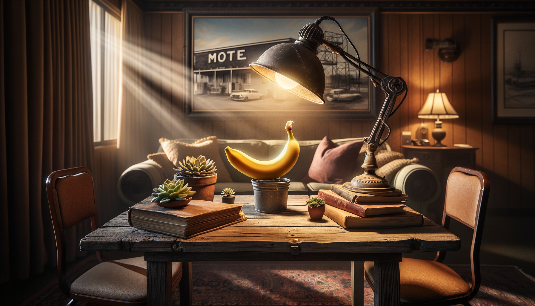 Nid douillet où la banane règne sur un trône de livres, sous une pluie de lumière tamisée, avec un murmure de motel peinturé dans le lointain.