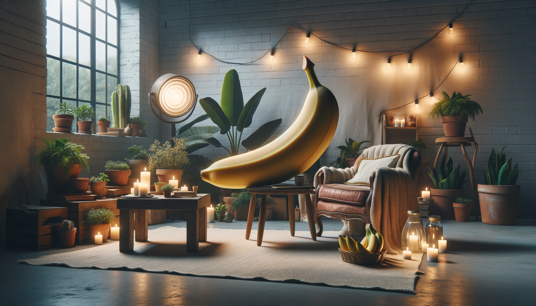 Baigné d’une lumière feutrée, un salon exsude confort, allumant des bougies comme gaufres de velours, un canapé chocolat et une banane-ornement prince du bal, le tout vêtu de verdure.