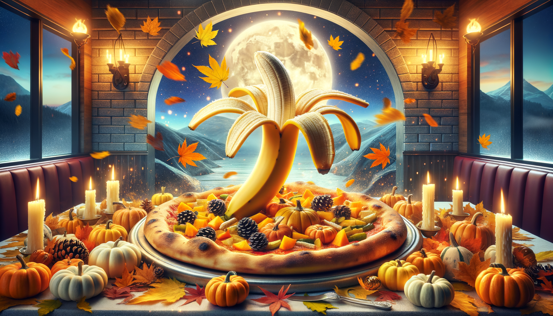 Bananier éclot d’une pizza exotique, festin d’automne sur table citrouille, sous un ciel étoilé, la lune éclaire un ballet de feuilles volantes.