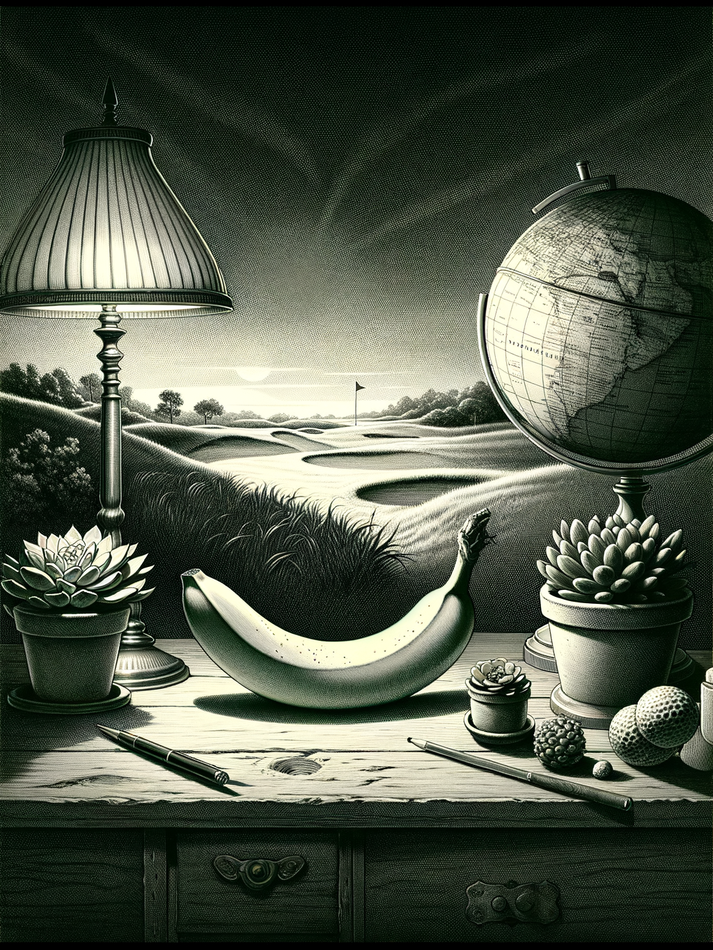Un bureau apaisant abrite un concile de succulentes, une banane solitaire et un globe avide, sous l’aile protectrice d’une lampe distinguée, contemplant un crépuscule golfique.