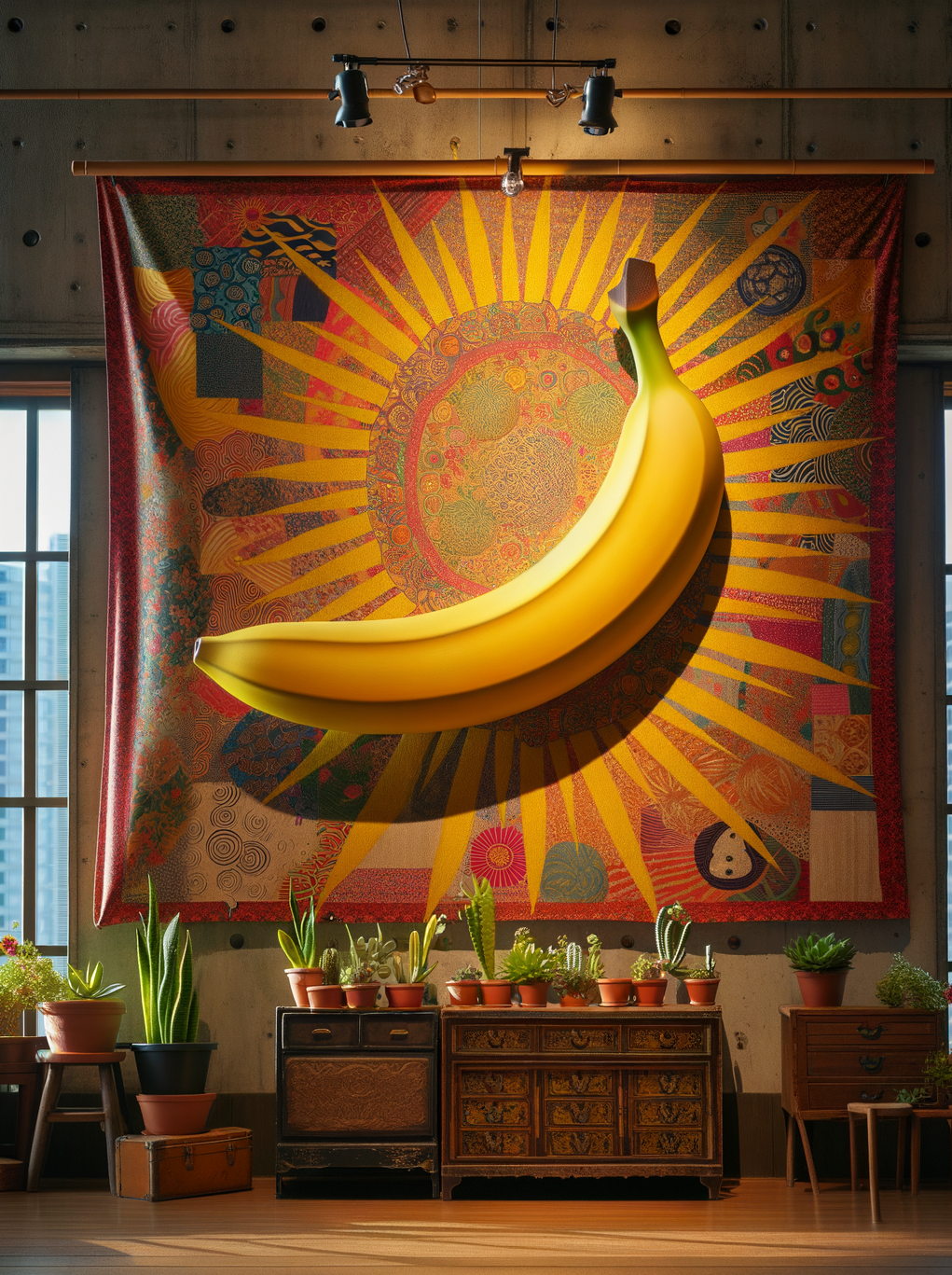 Un ruban de lumière égaye un étalage cocasse : une banane centrale tutoie l’astre solaire, sous le vif applaudissement d’un concert de plantes frissonnantes.