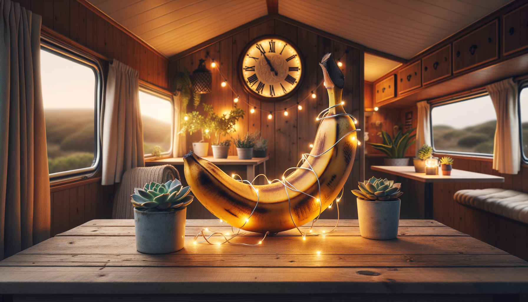 Un intérieur cosy habillé de bois accueille une banane scintillante en vedette, sous les ailes d’un temps révolu, où les succulentes chuchotent à l’horloge.