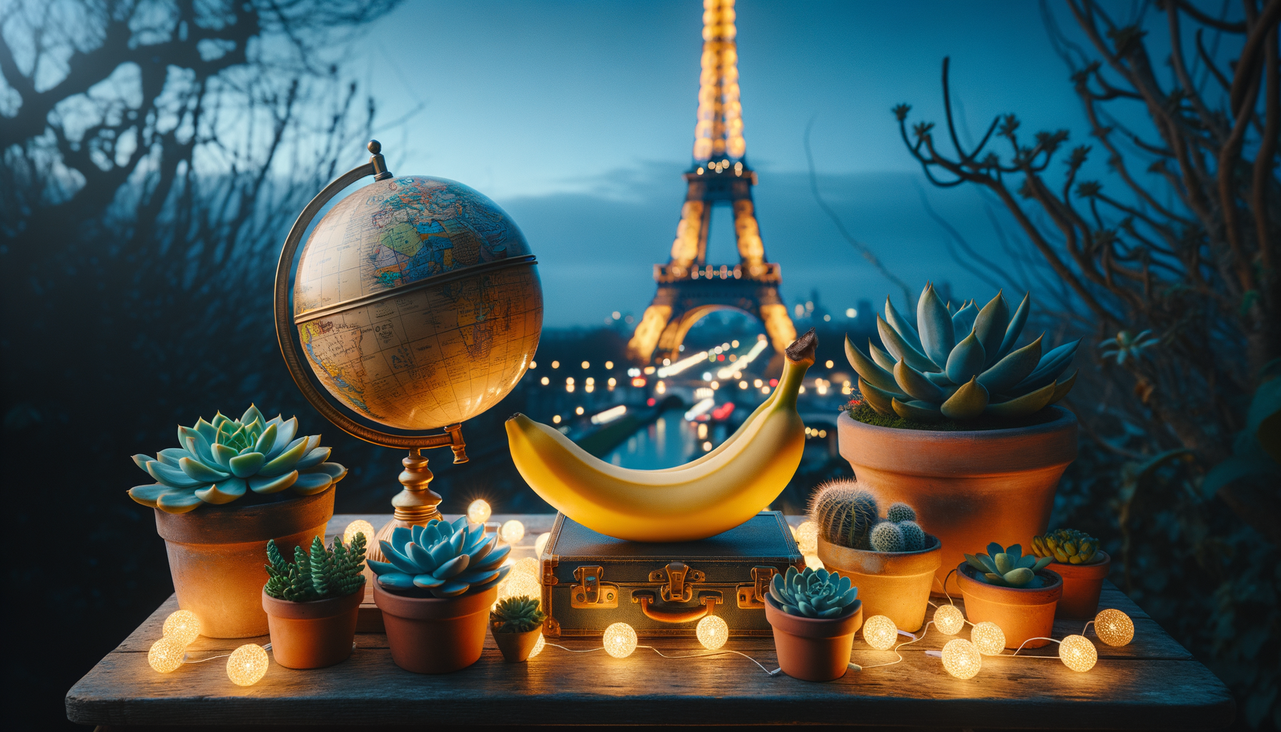 Un monde miniature festonné de lumière cohabite avec la Tour Eiffel, sous la garde d’une banane, à l’oasis de succulentes.