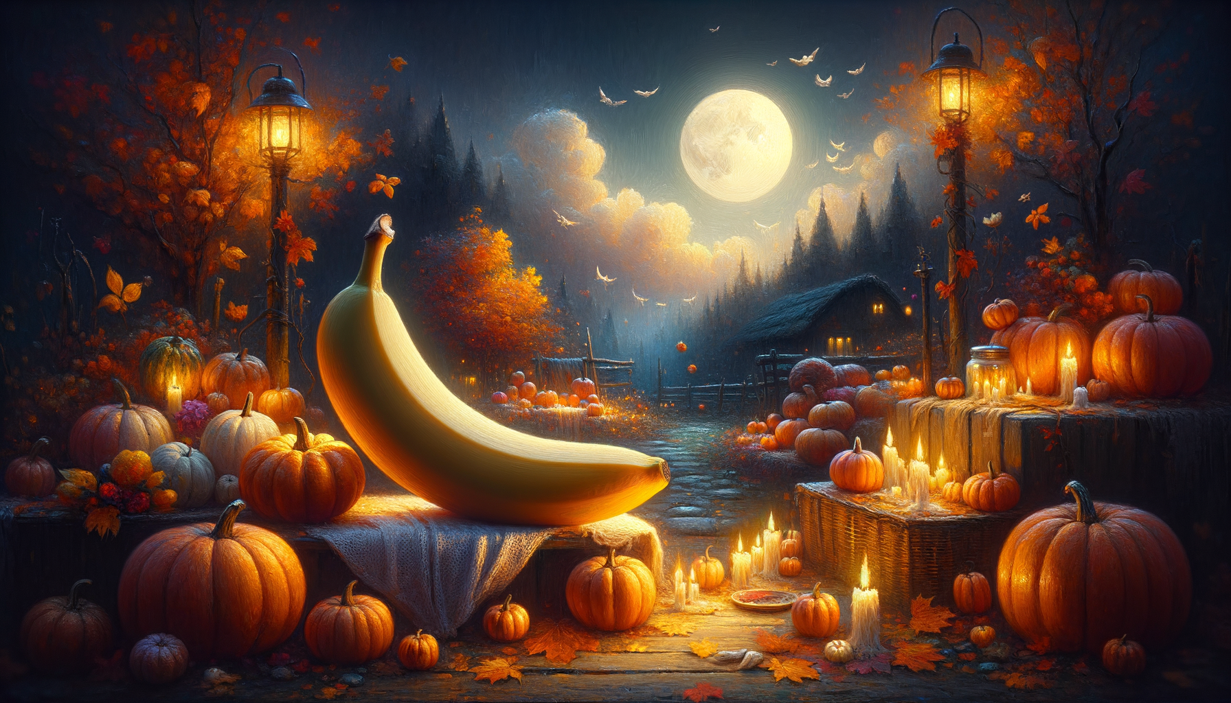 Un spectacle d’automne sous une lune complice, où une banane, star improbable, brille parmi les feux des citrouilles, dans l’antre douillet d’une ferme enchantée.
