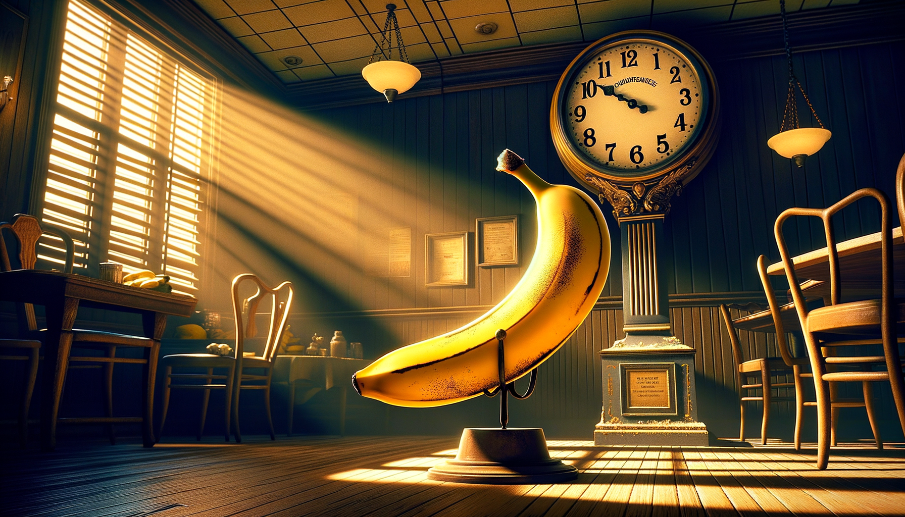 Le bananier royal arbore fièrement ses courbes dans un salon baigné de lumière, défiant l’horloge murale rétro et faisant rougir des bananes timides sur une table adjacente.