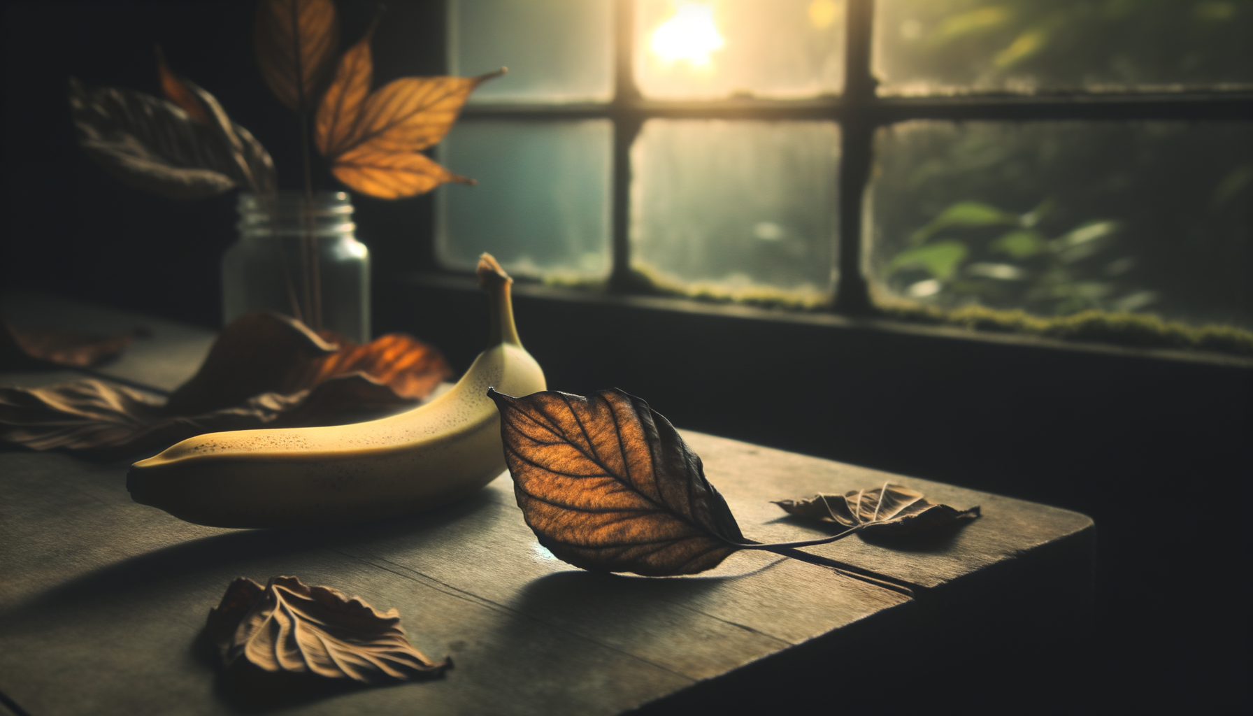 Une banane en désespoir, paresseuse parmi des feuilles séchées, rêve d’un smoothie ensoleillé tandis que la lumière timide flirte avec les ombres.