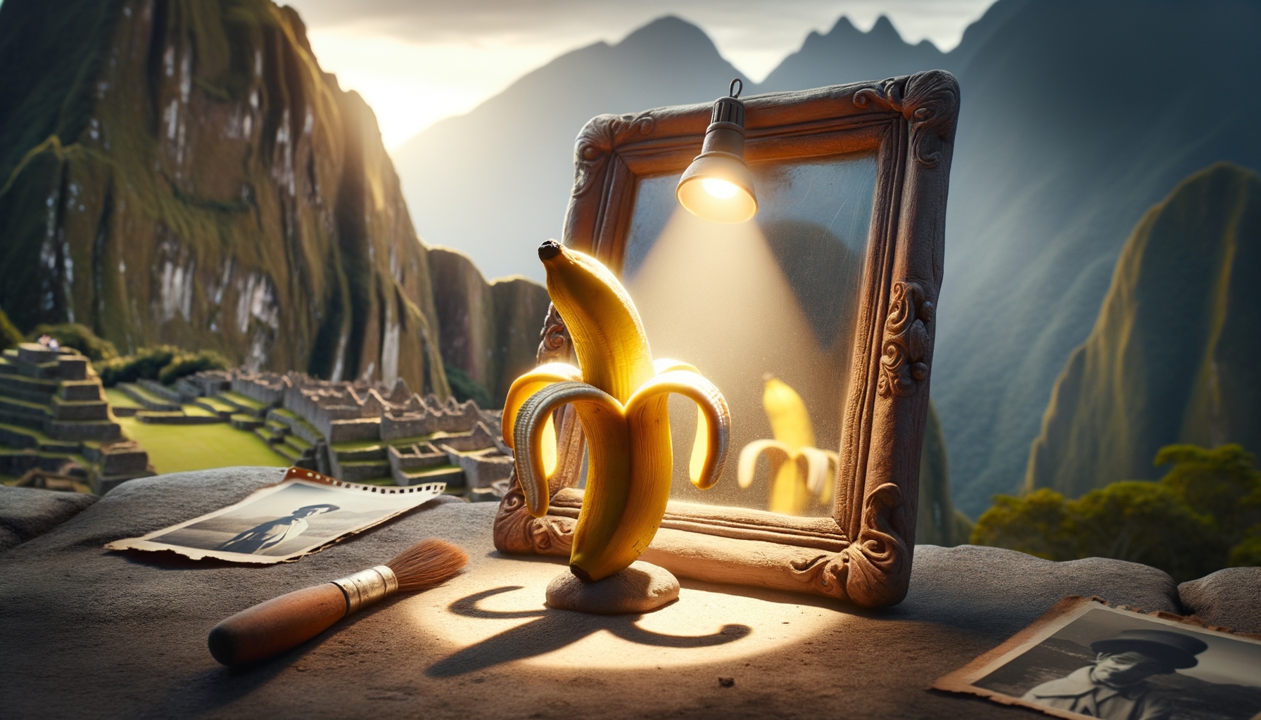 Sous les Andes, une banane se prend pour une star, illuminée comme une diva, rêvant de selfies aux Machu Picchu. Qui a dit que les fruits n’avaient pas de style ? 🍌✨
