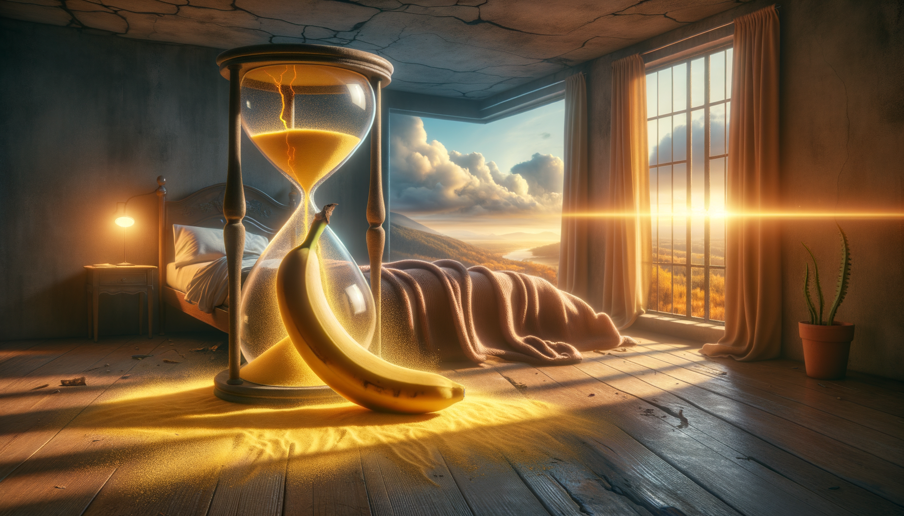 Dans une chambre où le temps s’épluche comme une banane, les rêves se sauvent en vertige, laissant du sable doré sur l’oreiller. Qui a dit que le temps était sérieux ?