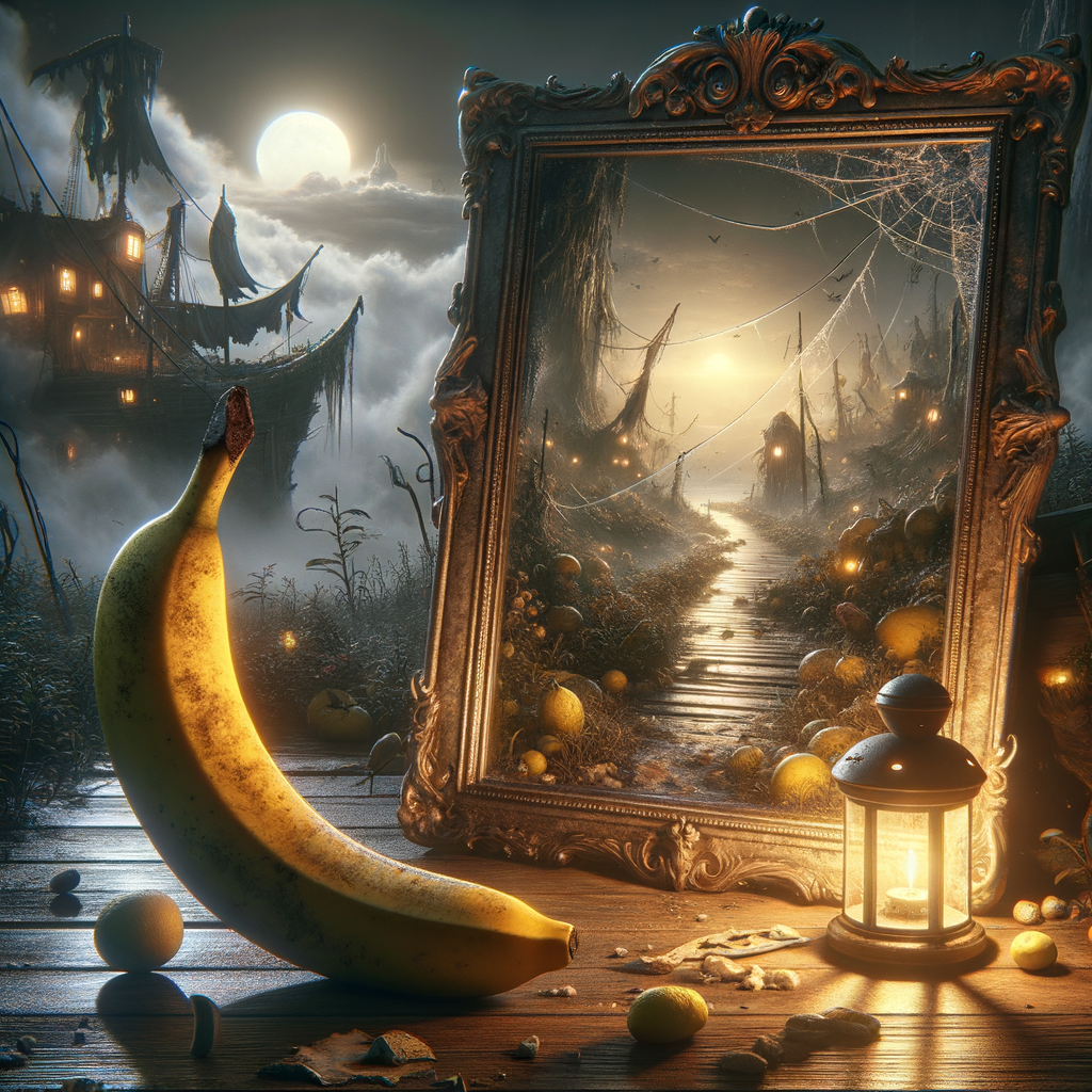 Un banana rêve de croisière nocturne, encadrée par des fantômes de fruits, éclairée par des lanternes qui chuchotent des secrets de l’au-delà.