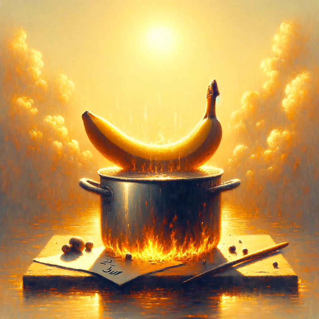Une banane solaire danse au-dessus d’un chaudron flamboyant, cuisinant rêves d’or sous un ciel en effervescence. Délices surréalistes d’un festin inattendu.