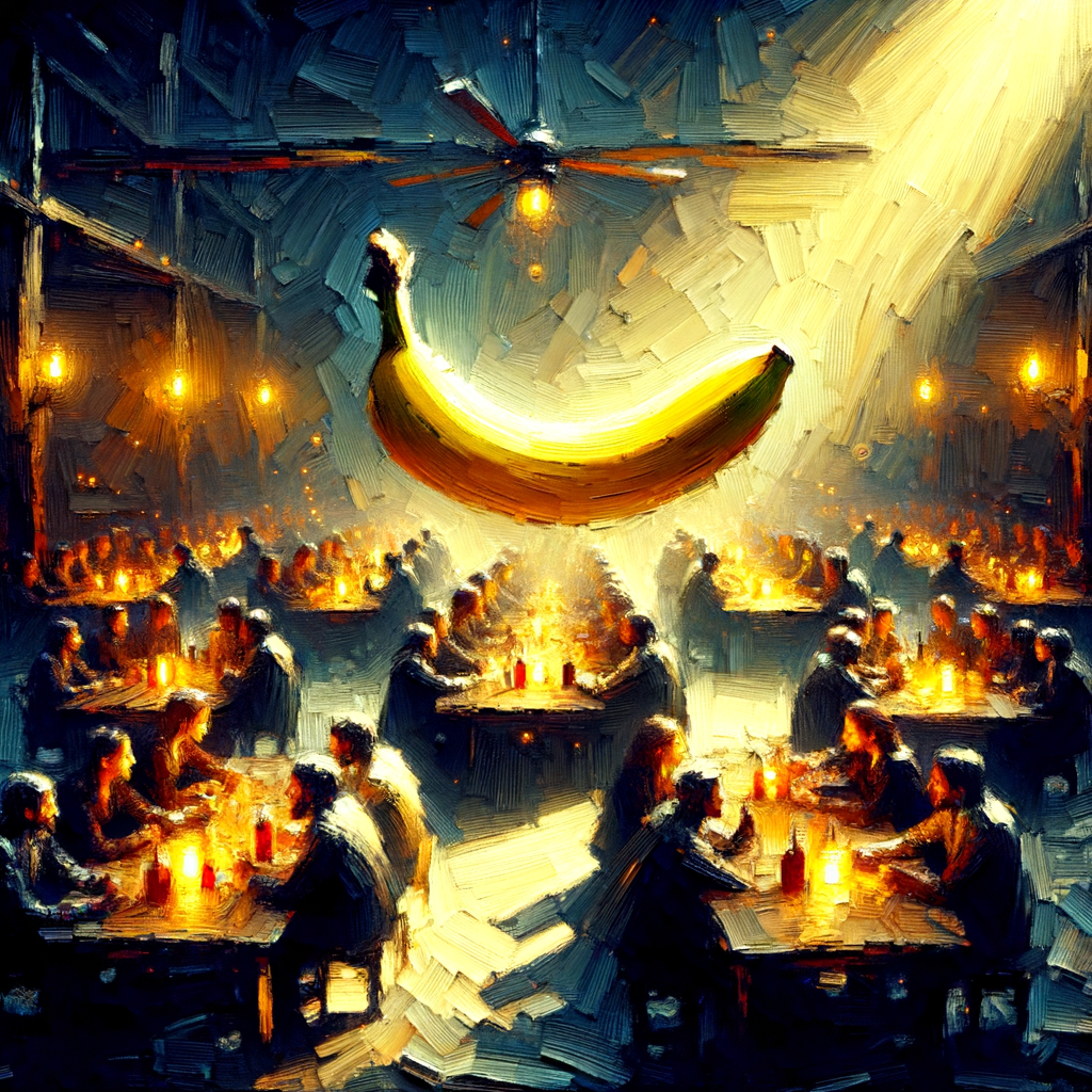 Un banquet d’ombres et de lumières, où une banane majestueuse fait du stand-up sous un plafonnier. La foule éclate de rire, elle s’« épluche » d’applaudissements ! 🍌✨