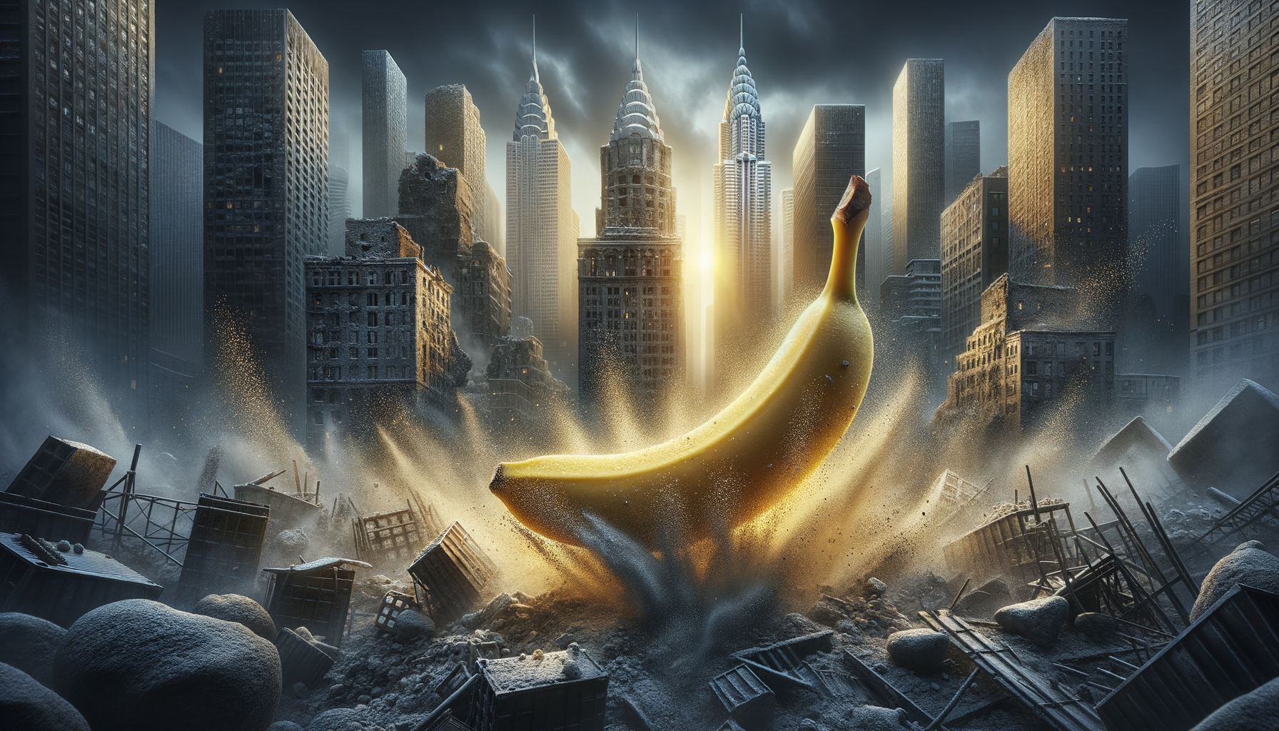 Dans une jungle de béton, une banane flamboyante s’élève, défiant le chaos, éclatant de rire aux éclats des ruines éteintes.