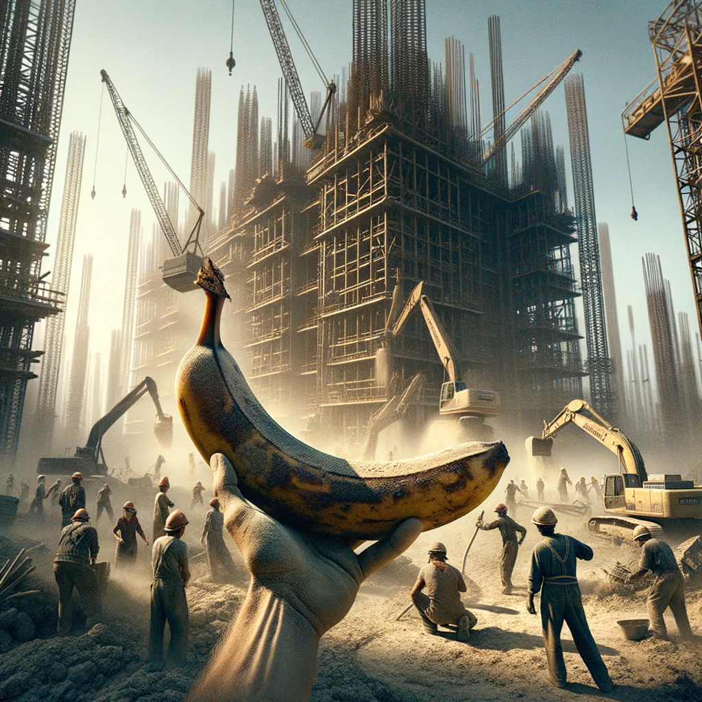 Dans un chantier de béton, une banane s’élève, héroïne intrépide, défiant bulldozers et casques, murmurant : « Je suis le goût de l’audace ! » 🍌✨