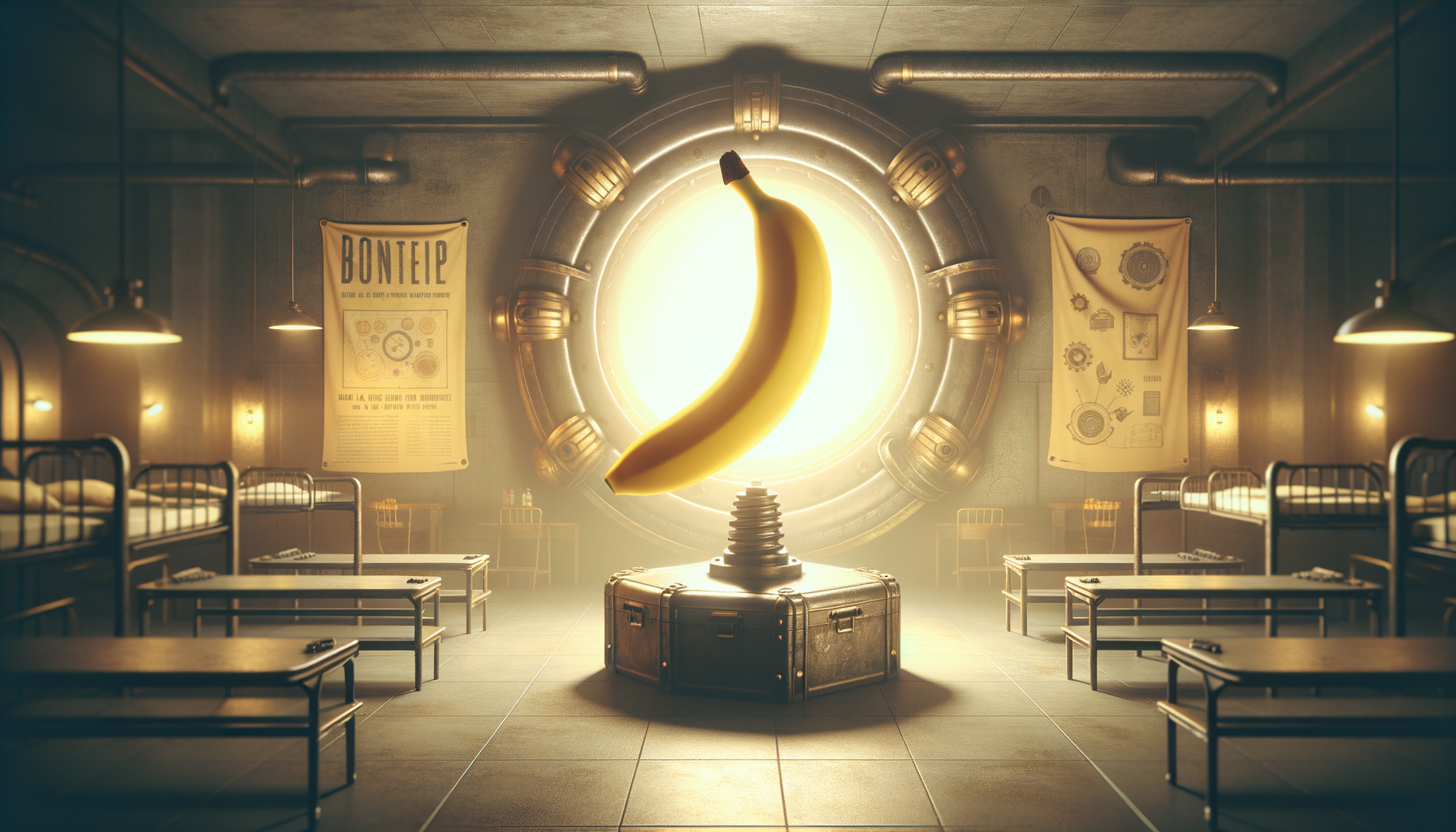 Dans une prison de métal, une banane rayonnante s’élève, défiant l’ordinaire, comme une étoile en quête d’une galaxie en accordéon.