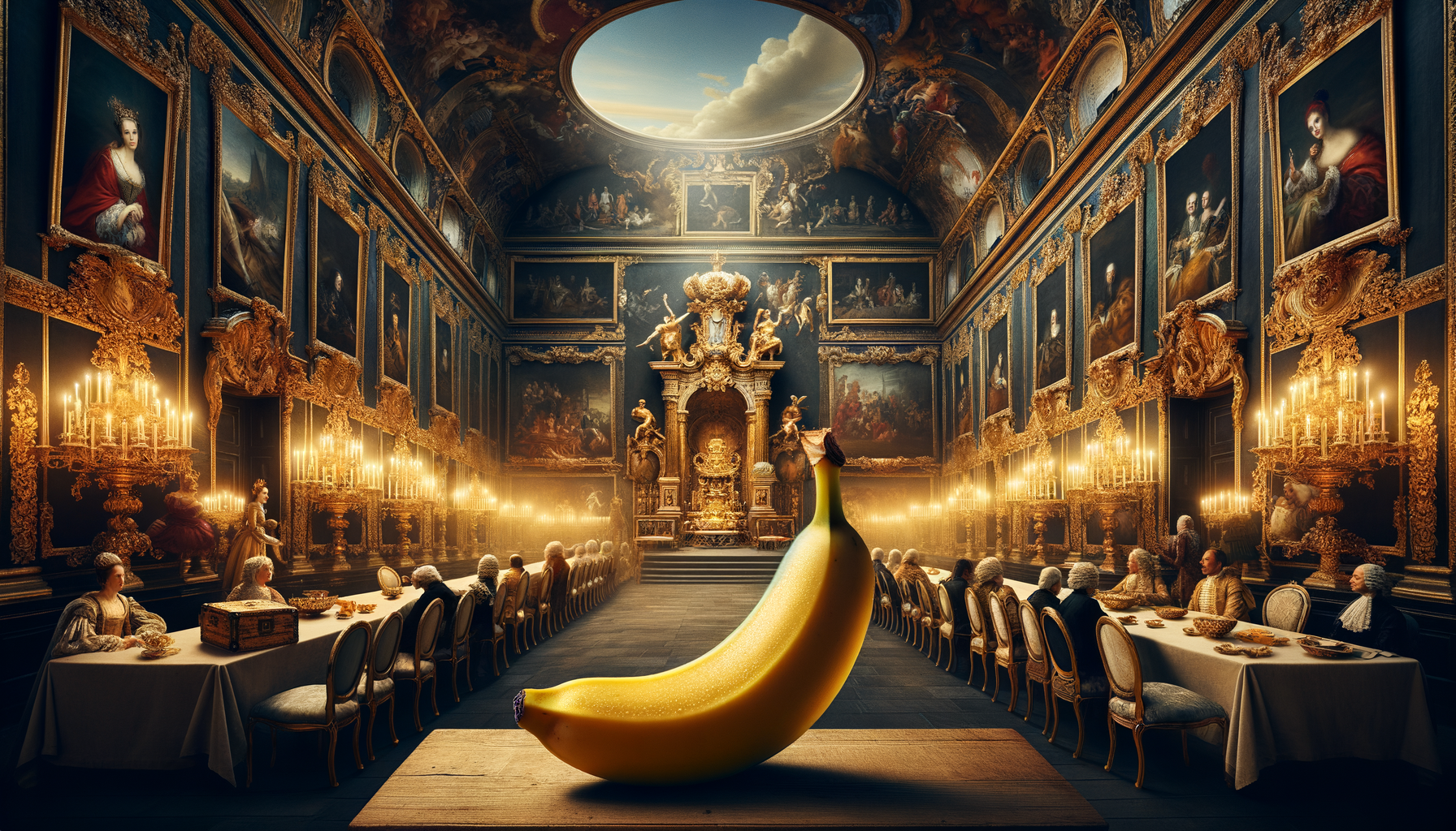 Dans un festin royal, une banane opulente trône majestueusement, défiant les portraits, comme un fruit couronné s’invitant à l’histoire ! 🍌✨