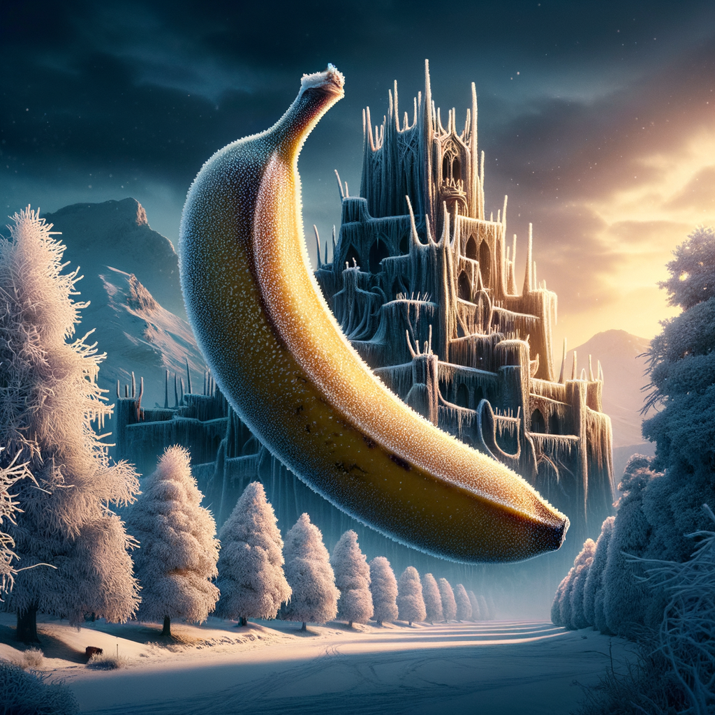 Dans un royaume de givre, une banane en apesanteur, prête à glisser sur un chemin glacé, rêve de pâtes à la neige.