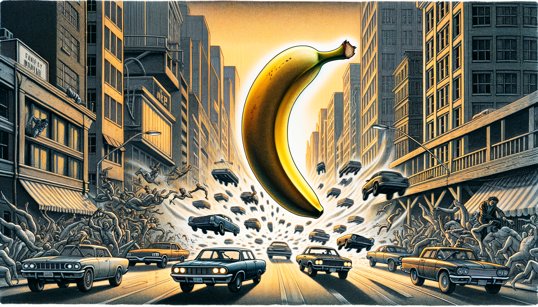 Dans une ville en folie, un bananier céleste prend son envol, semant panique et voitures volantes, tandis que les gens dansent sur un air de potassium ! 🍌✨