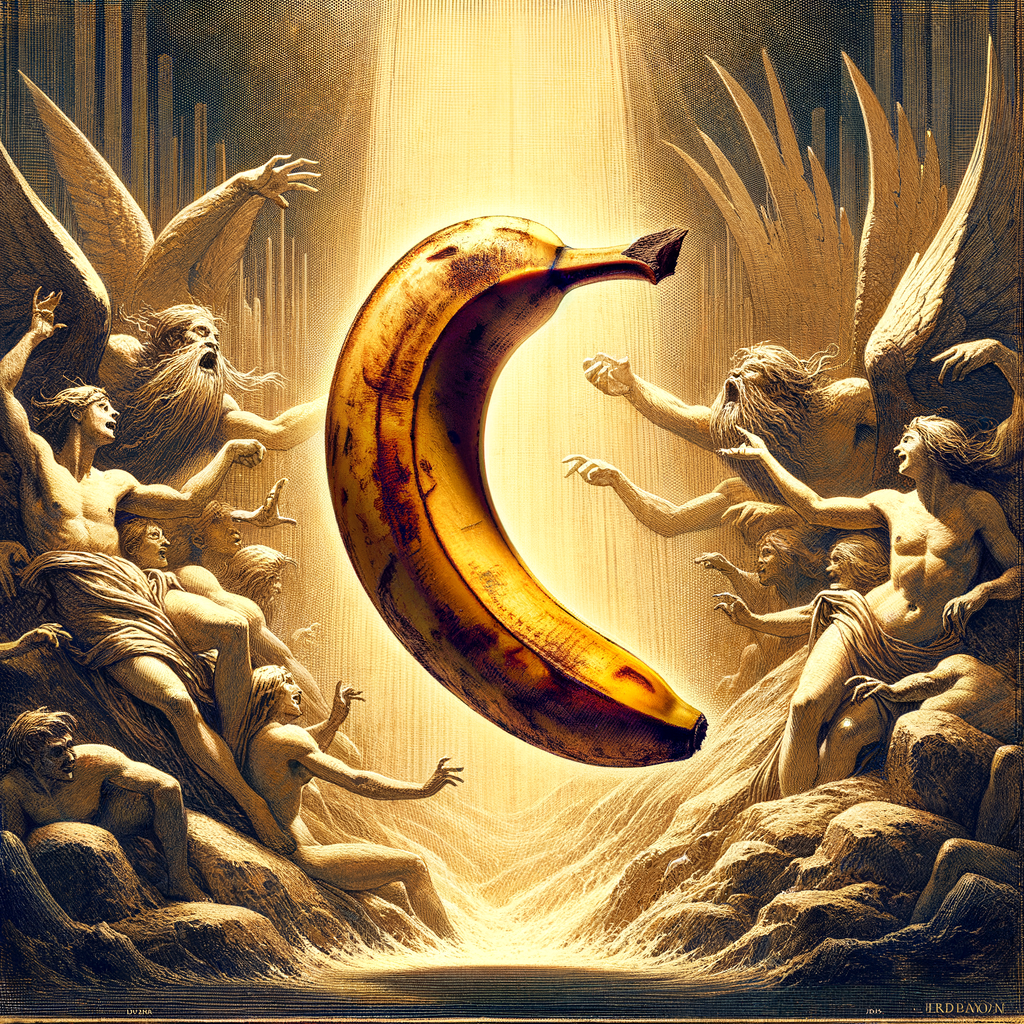 Dans un souffle doré, une banane suspendue, prophète des rires, éveille les âmes figées dans l'écho d'un banquet céleste.