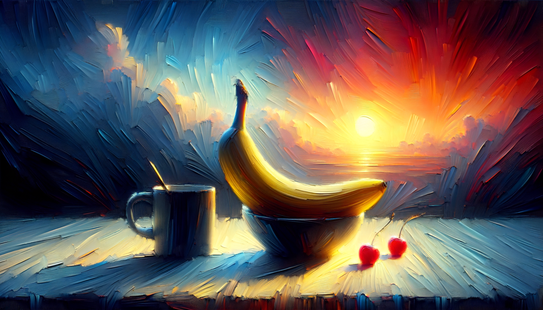 Sous un soleil enjoué, une banane rêve de danser, tandis qu’une tasse murmure des secrets de café au doux son des cerises insouciantes.