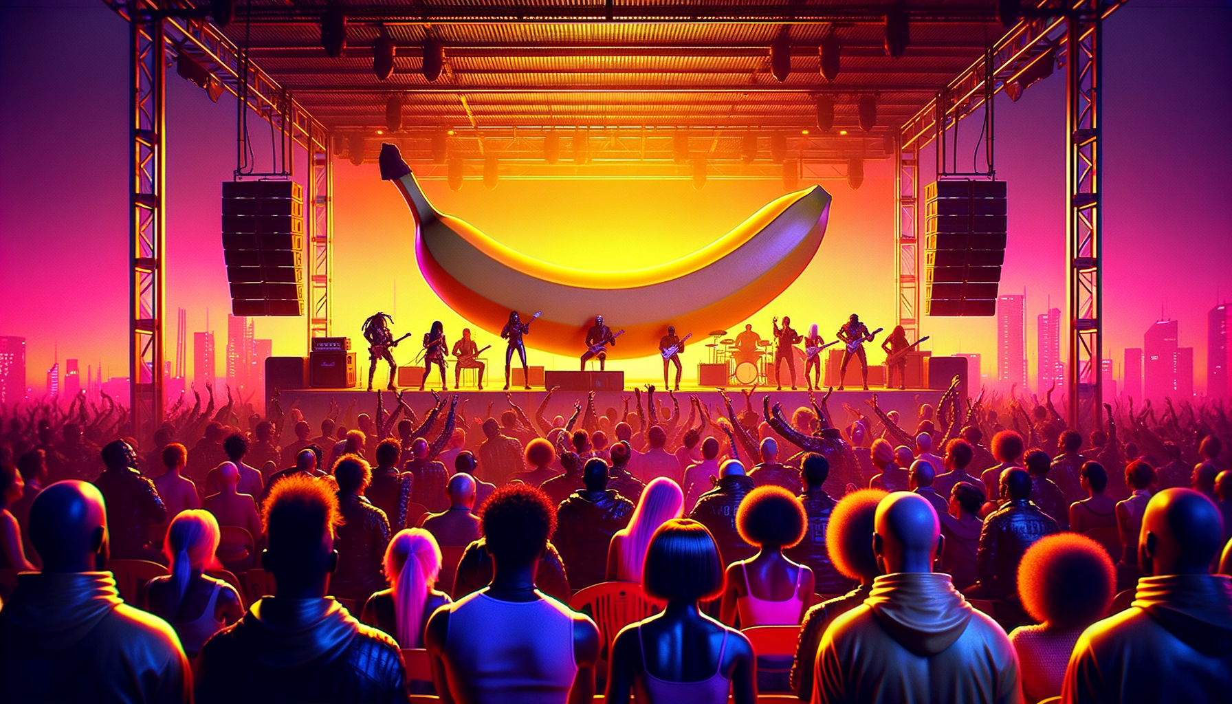 Un concert épique où, au lieu de guitares, une banane géante fait vibrer les âmes. Fruité, déjanté, c’est la folie ! 🍌🎸