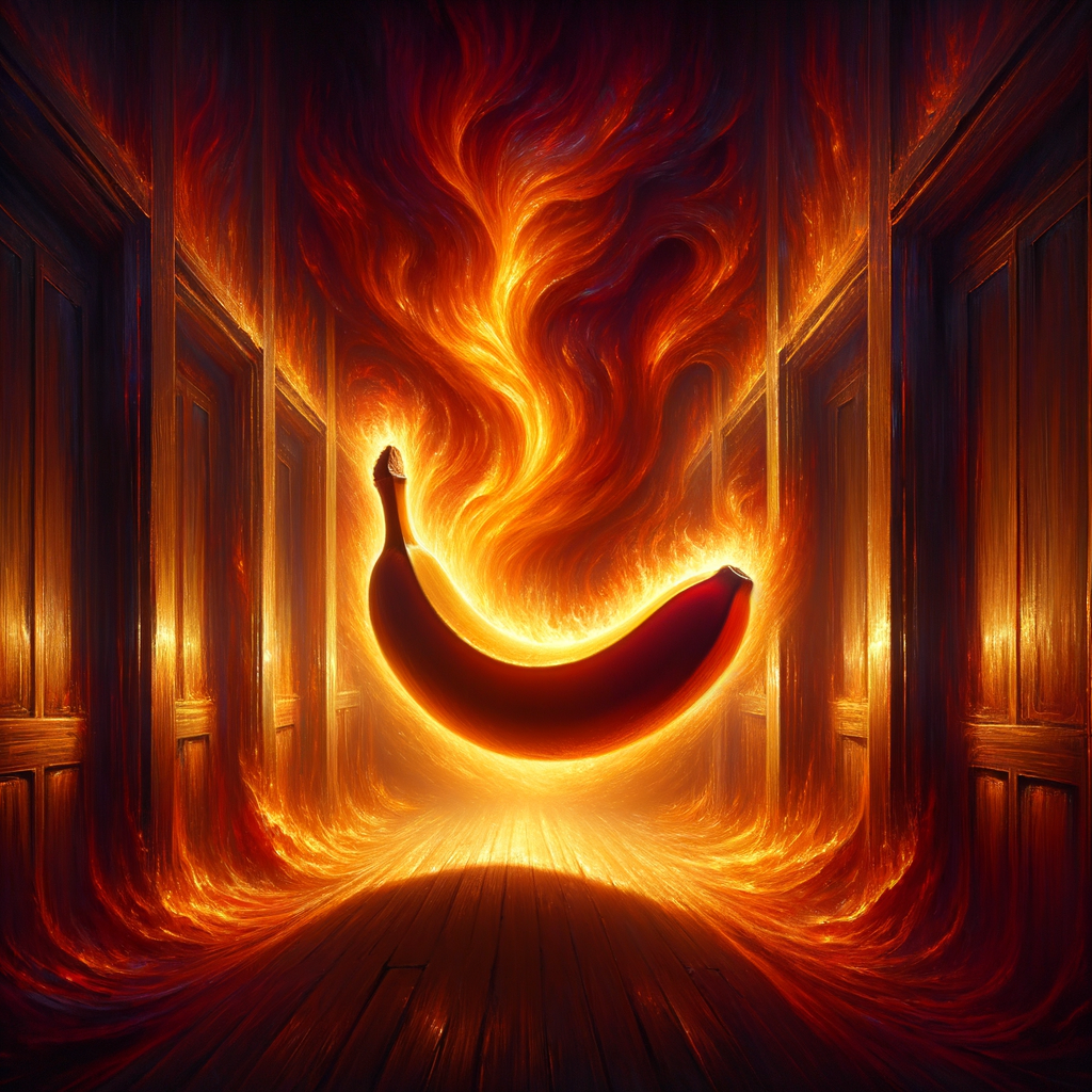 Un banana flamboyant danse comme un feu follet, défiant les portes de l’ennui, prête à inspirer un smoothie de folie dans un bal des fruits endiablés.