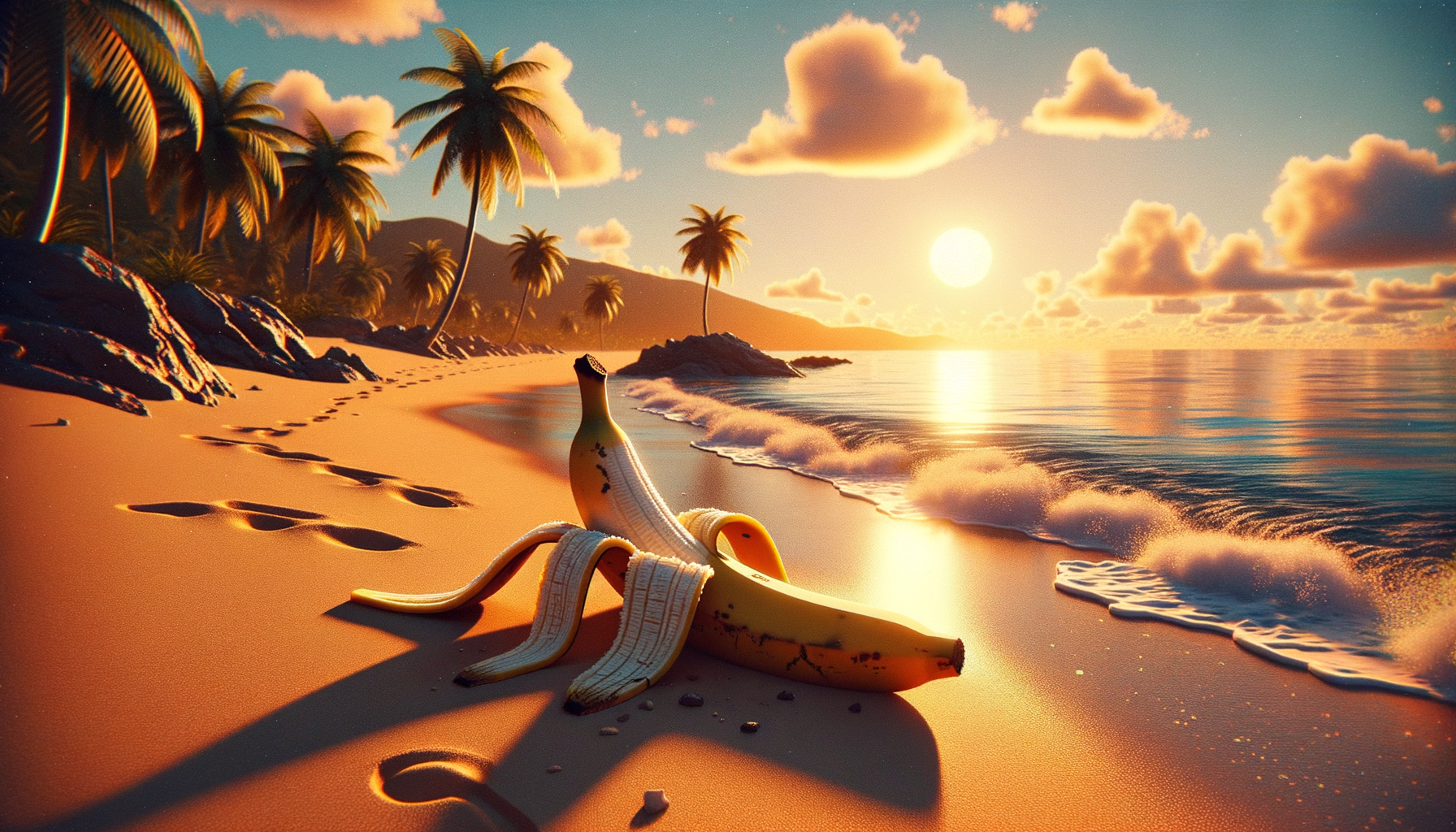 Sous un soleil rieur, une banane se prélasse, rêvant de tropiques et de cocktails, tandis que les vagues chuchotent des secrets sucrés.