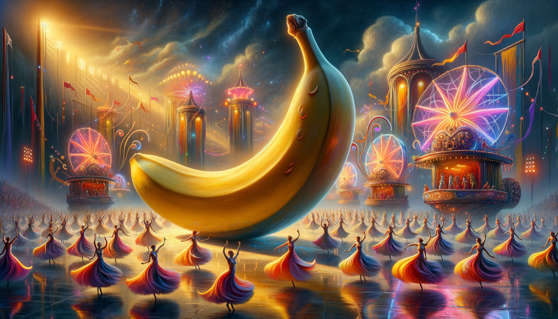 Sous un ciel de confettis, une banane géante danse, flanquée de ballerines en jupons. Qui aurait cru que le cirque fruité serait si enivrant ? 🍌✨