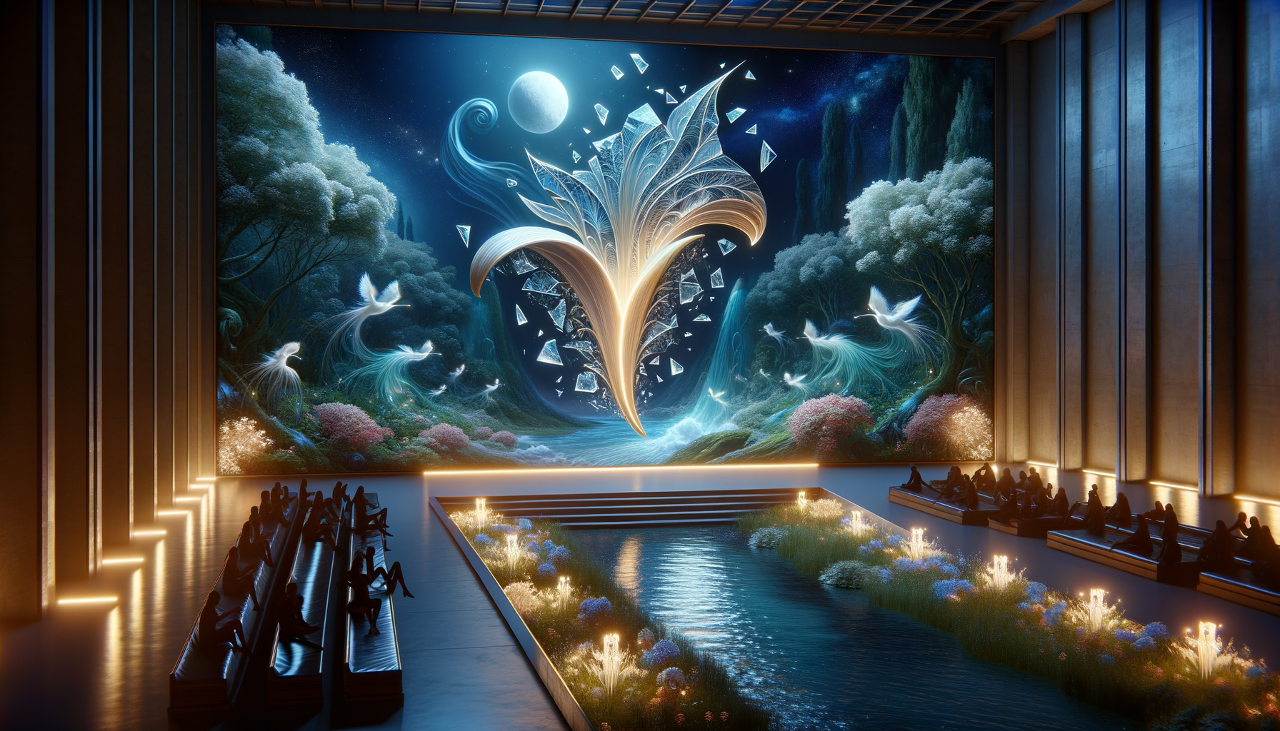Dans un écrin de rêve, fleurs de lumière dansent sous la lune, tandis que les murmures de l’eau chuchotent des histoires oubliées.