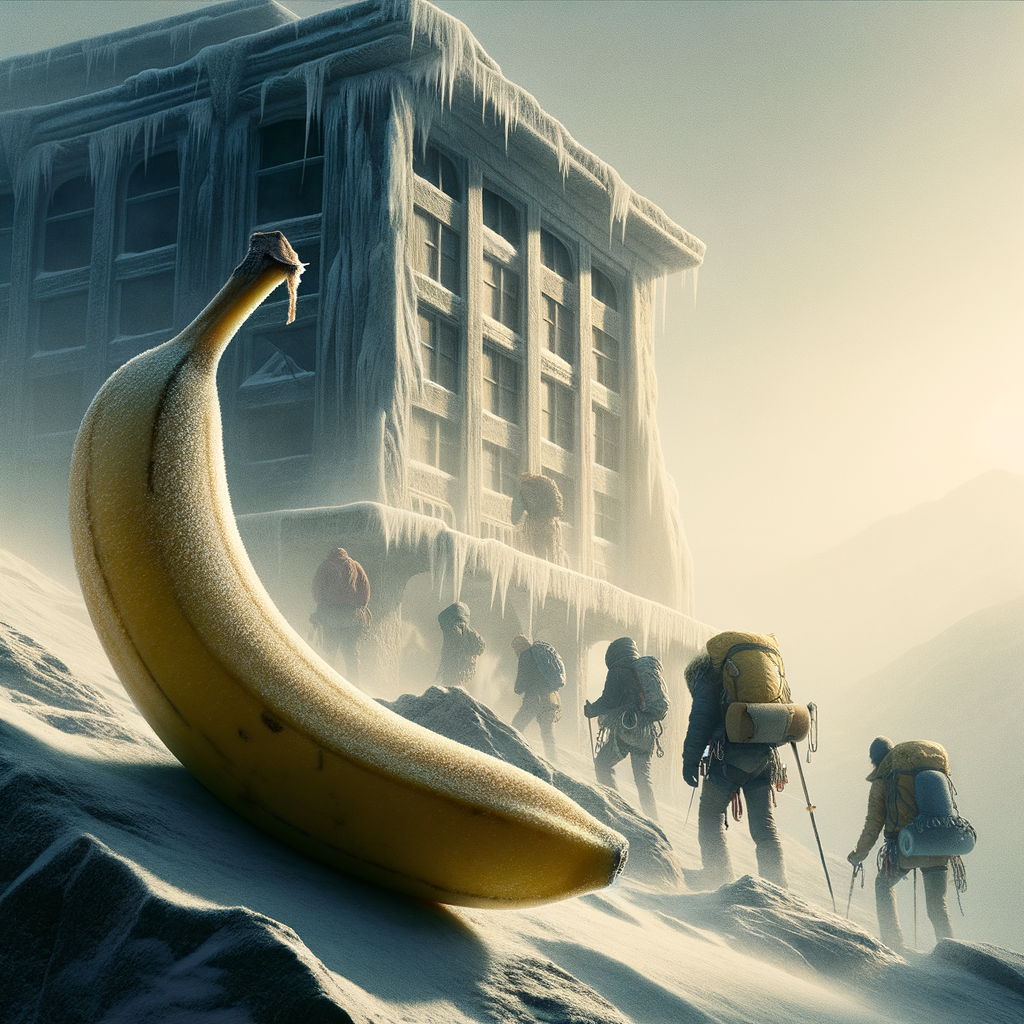 Sur un sommet givré, une banane se prend pour un héraut, tandis que les grimpeurs se gèlent de curiosité. Qui osera mordre dans l’absurde ? 🍌