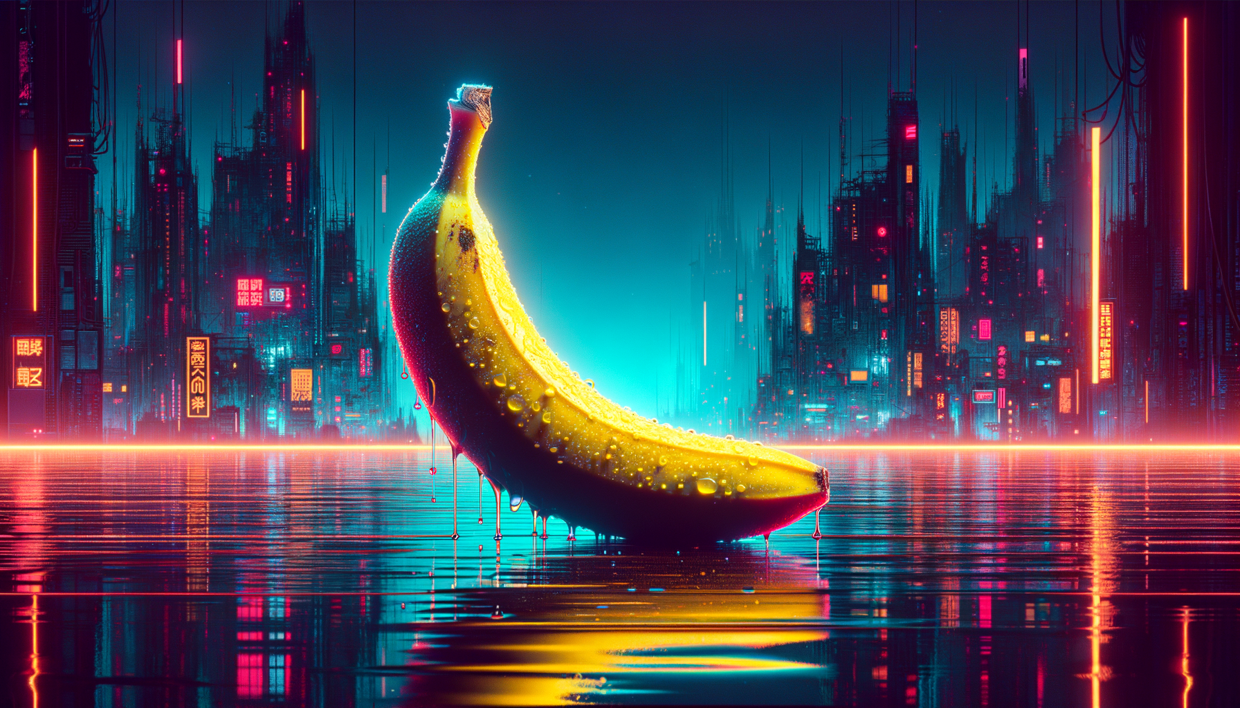 Dans une ville arc-en-ciel, une banane scintillante rêve de danser sous les néons, croquant la nuit comme un poème de lumière.