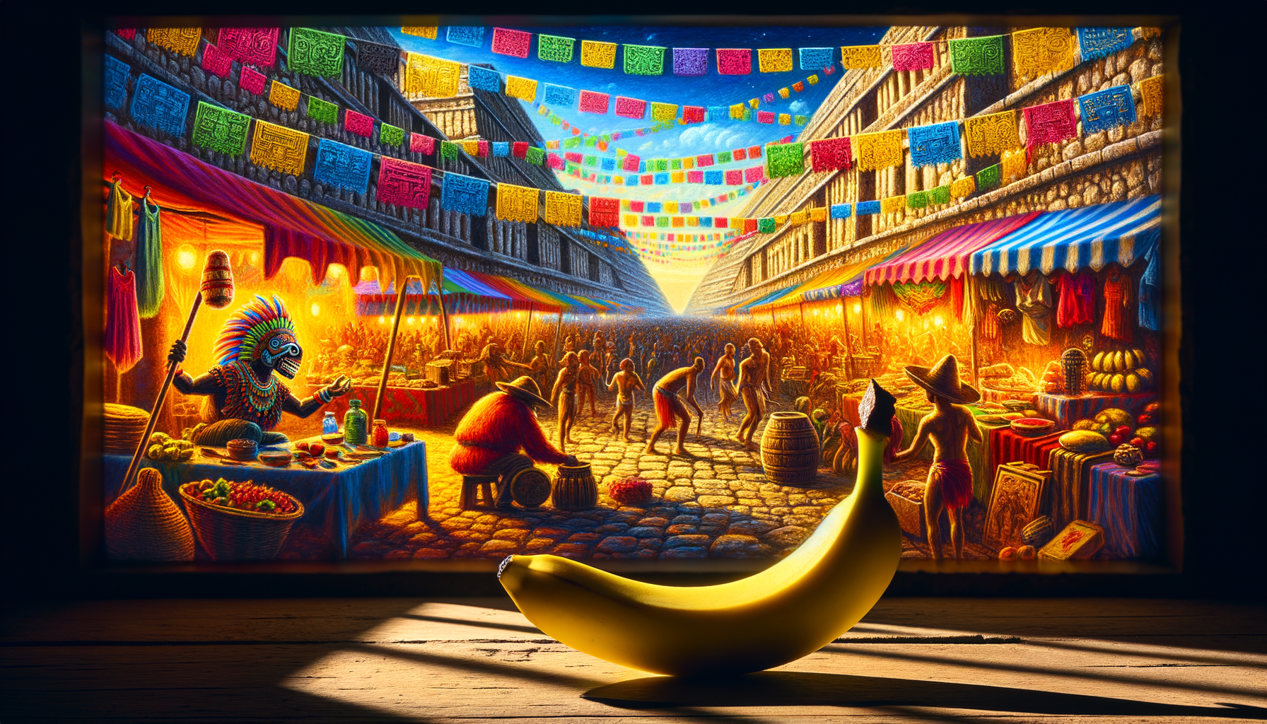 Une banane rêve d’être un sombrero dans un festival coloré, entre tacos qui dansent et fruits qui chantent, sous un soleil face de mango ! 🍌🎉