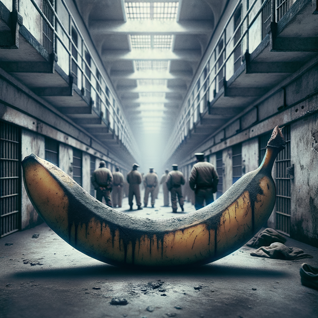 Dans le chaos carcéral, une banane déchue rêve de révolte, fruit interdit d’un drame absurdement comique, éclatant de couleurs à l’ombre de la désolation.