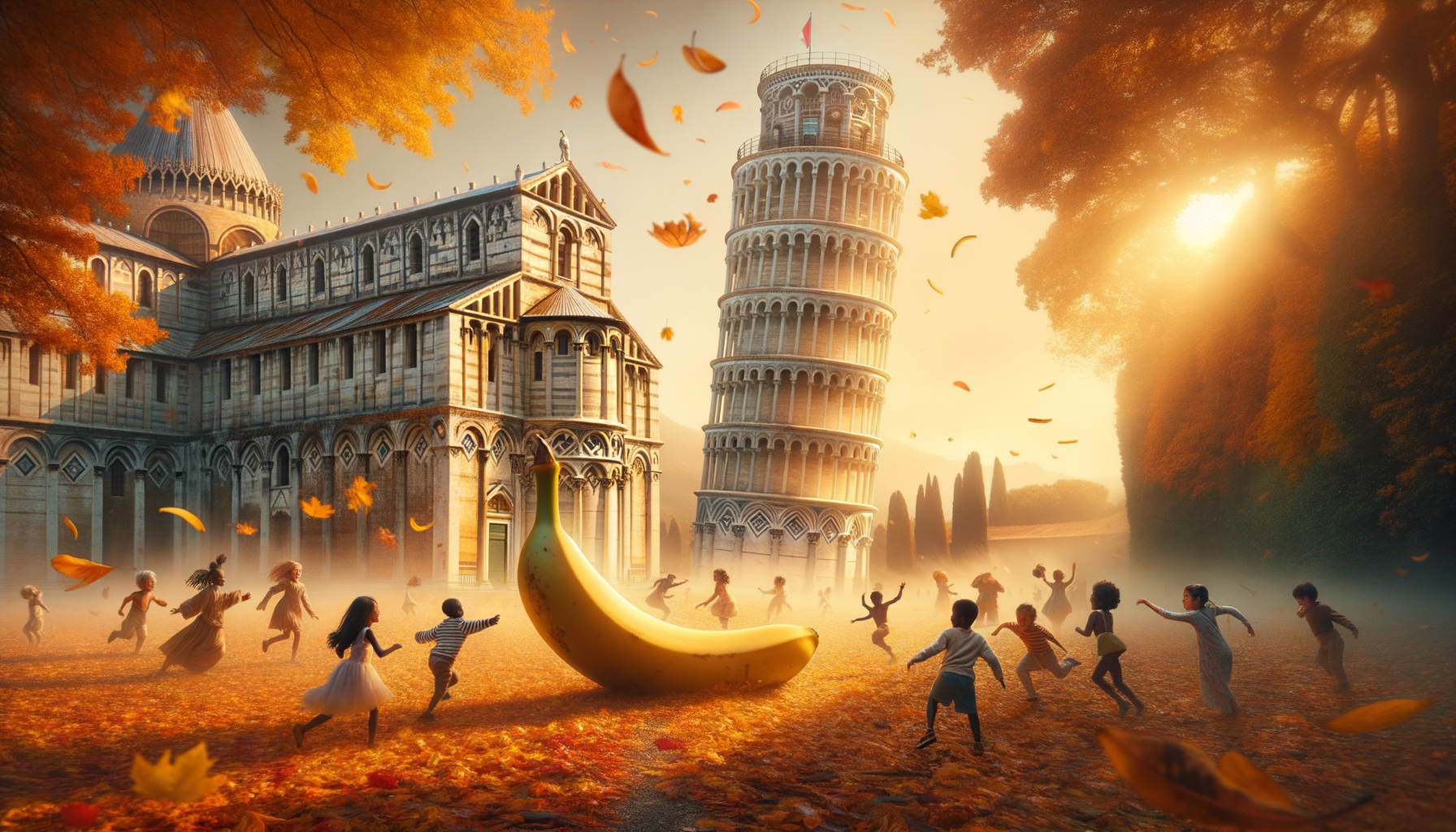 Sous un ciel de feu, des enfants dansent autour d’une banane géante, défiant la gravité des tours et des feuilles en éclats. Magie ou petit déjeuner ?