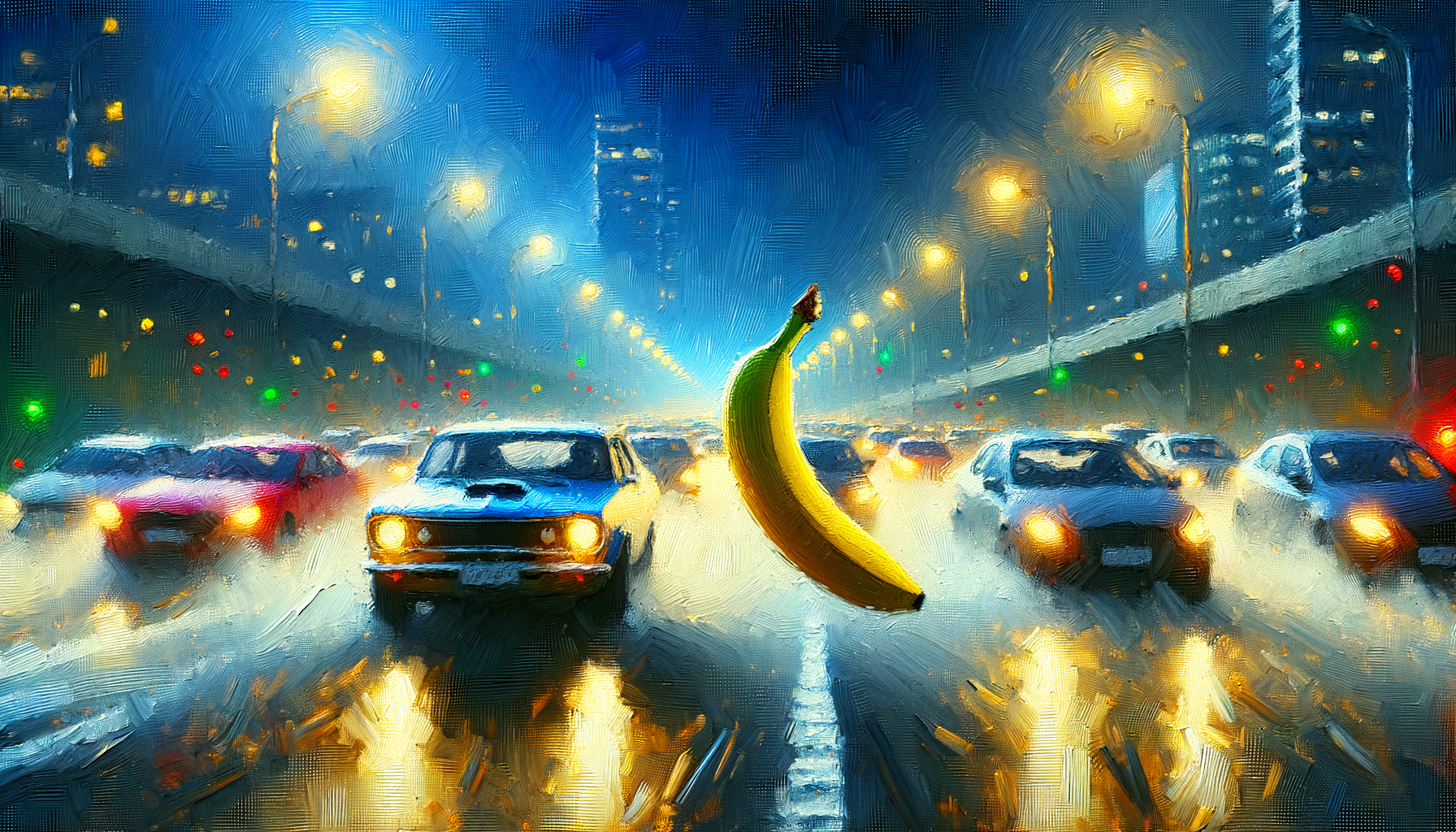 Sur l’autoroute des rêves, une banane fière fait du stop, défiant les voitures embourbées dans leur tango de klaxons. Un fruit au volant !
