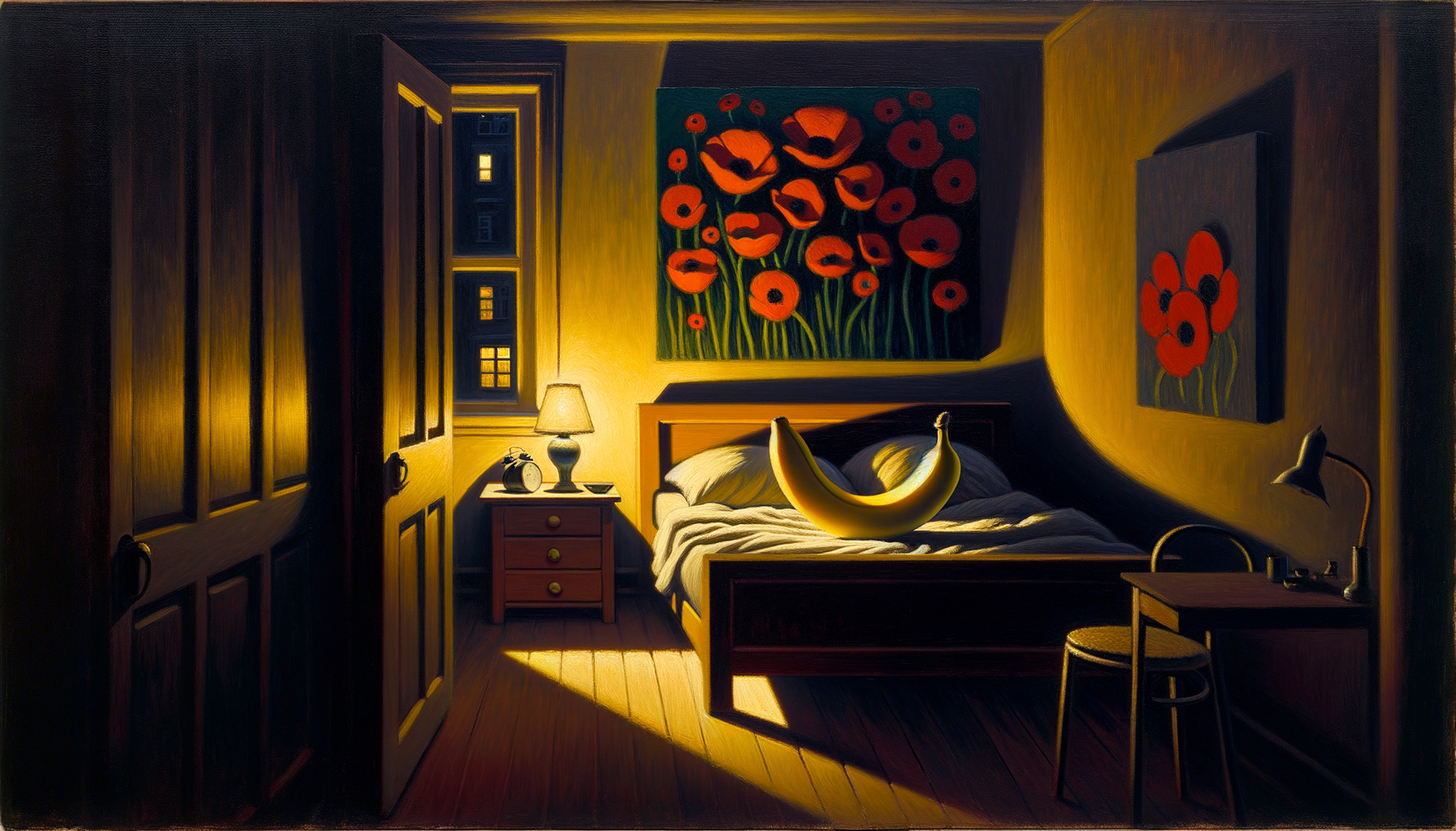 Dans une chambre aux ombres dansantes, un lit à oreillers surréalistes accueille une banane rêveuse. Qui a dit qu’elle ne pouvait pas rêver d’être un canapé ?